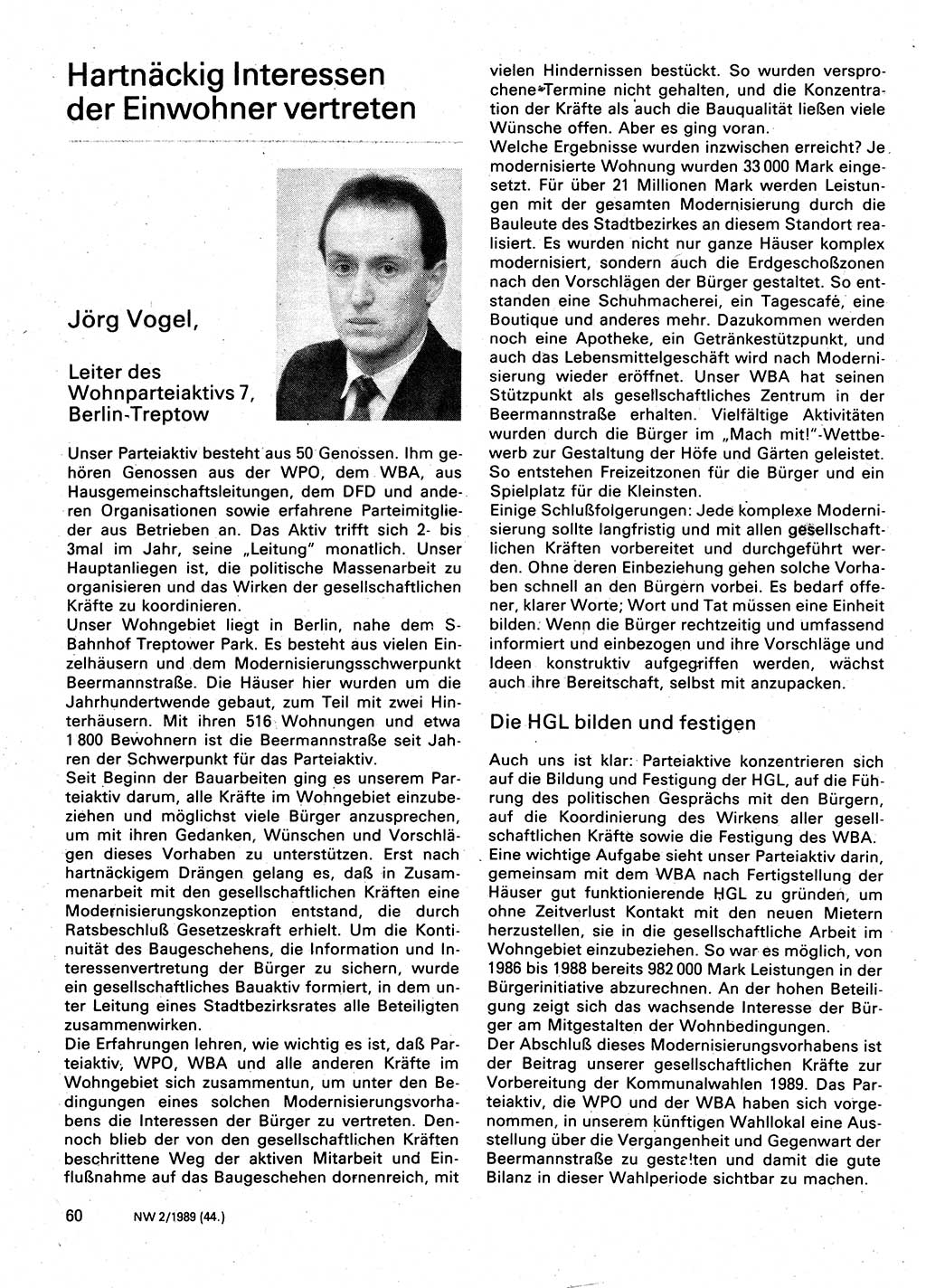 Neuer Weg (NW), Organ des Zentralkomitees (ZK) der SED (Sozialistische Einheitspartei Deutschlands) für Fragen des Parteilebens, 44. Jahrgang [Deutsche Demokratische Republik (DDR)] 1989, Seite 60 (NW ZK SED DDR 1989, S. 60)
