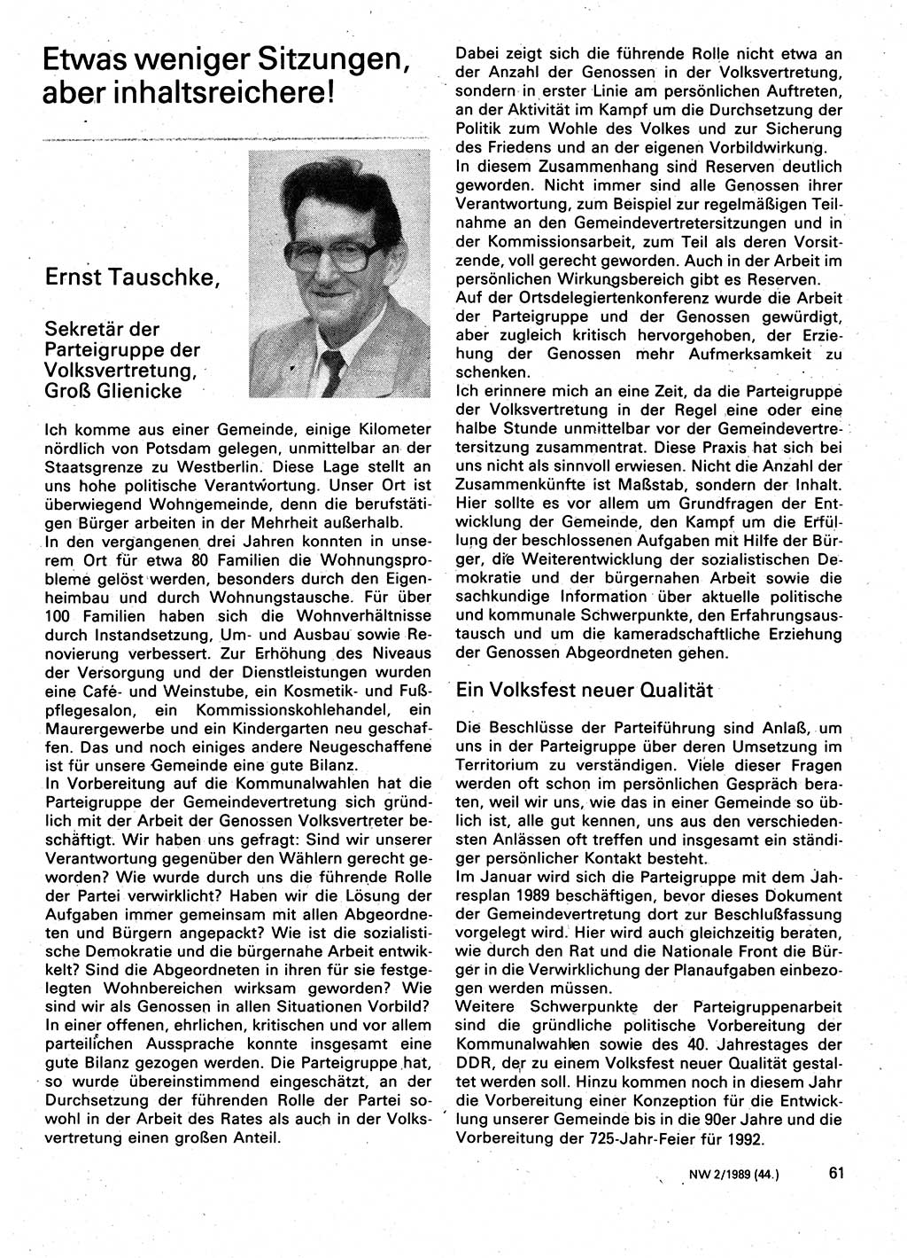 Neuer Weg (NW), Organ des Zentralkomitees (ZK) der SED (Sozialistische Einheitspartei Deutschlands) für Fragen des Parteilebens, 44. Jahrgang [Deutsche Demokratische Republik (DDR)] 1989, Seite 61 (NW ZK SED DDR 1989, S. 61)