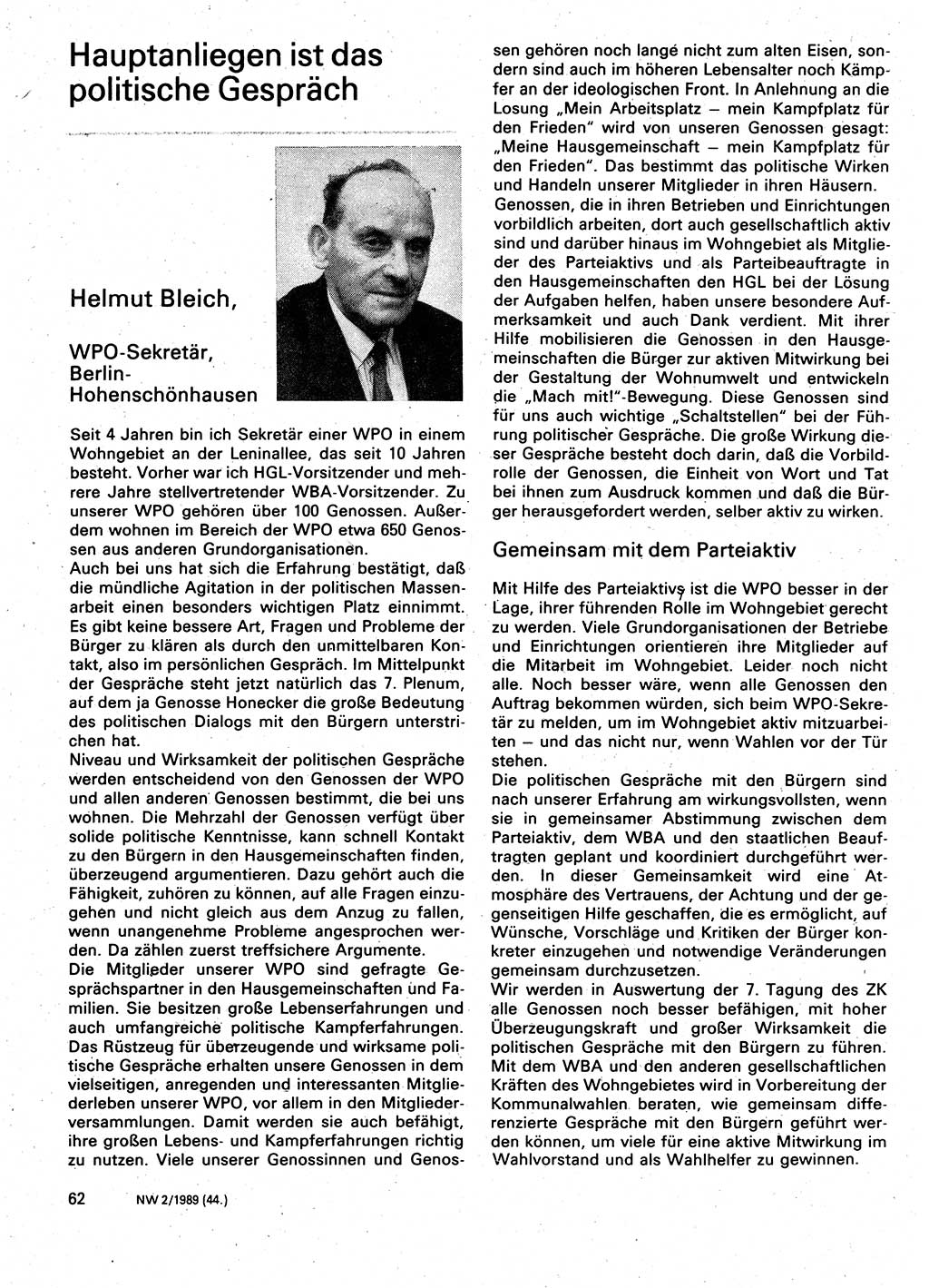 Neuer Weg (NW), Organ des Zentralkomitees (ZK) der SED (Sozialistische Einheitspartei Deutschlands) für Fragen des Parteilebens, 44. Jahrgang [Deutsche Demokratische Republik (DDR)] 1989, Seite 62 (NW ZK SED DDR 1989, S. 62)