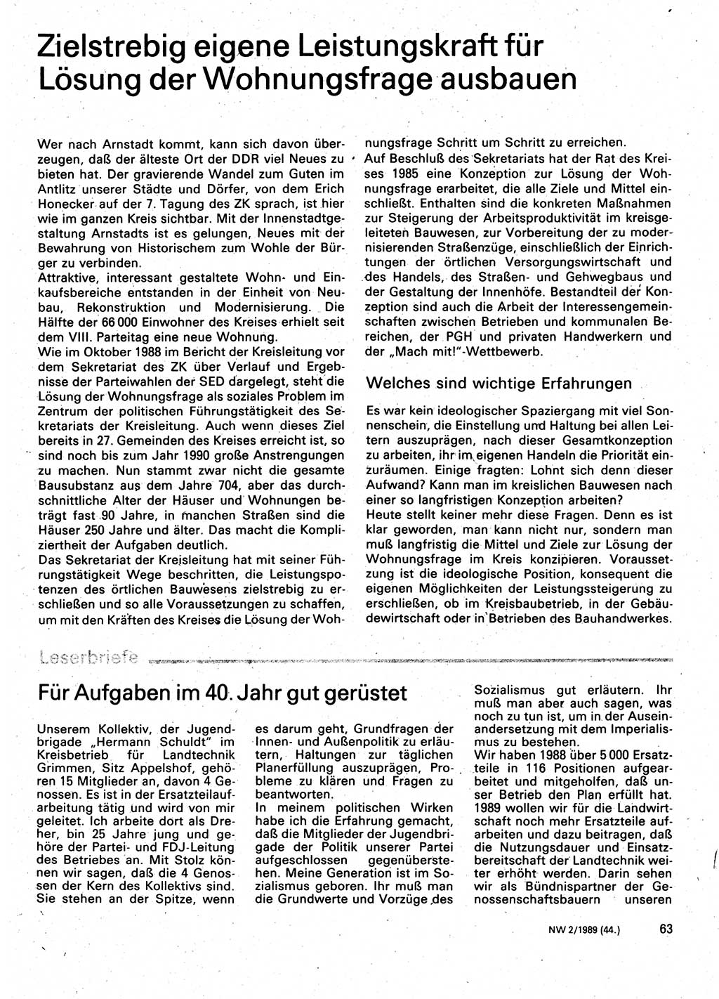 Neuer Weg (NW), Organ des Zentralkomitees (ZK) der SED (Sozialistische Einheitspartei Deutschlands) für Fragen des Parteilebens, 44. Jahrgang [Deutsche Demokratische Republik (DDR)] 1989, Seite 63 (NW ZK SED DDR 1989, S. 63)