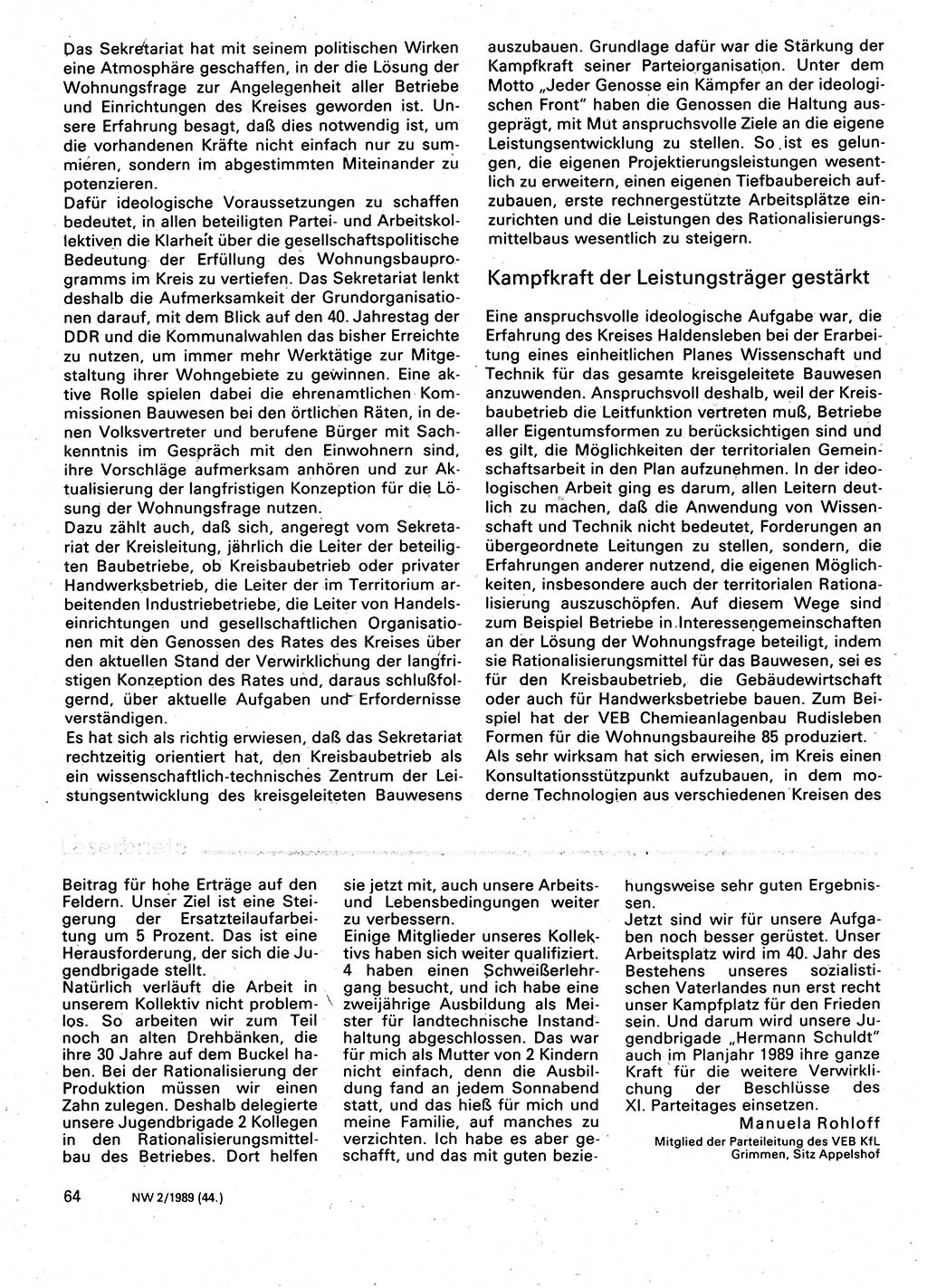 Neuer Weg (NW), Organ des Zentralkomitees (ZK) der SED (Sozialistische Einheitspartei Deutschlands) für Fragen des Parteilebens, 44. Jahrgang [Deutsche Demokratische Republik (DDR)] 1989, Seite 64 (NW ZK SED DDR 1989, S. 64)