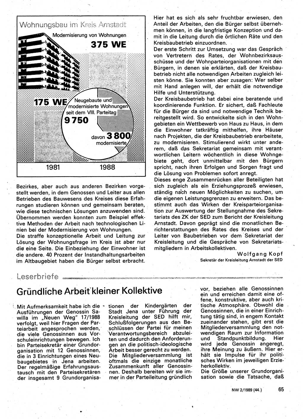 Neuer Weg (NW), Organ des Zentralkomitees (ZK) der SED (Sozialistische Einheitspartei Deutschlands) für Fragen des Parteilebens, 44. Jahrgang [Deutsche Demokratische Republik (DDR)] 1989, Seite 65 (NW ZK SED DDR 1989, S. 65)