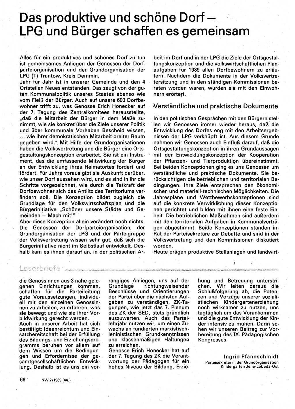 Neuer Weg (NW), Organ des Zentralkomitees (ZK) der SED (Sozialistische Einheitspartei Deutschlands) für Fragen des Parteilebens, 44. Jahrgang [Deutsche Demokratische Republik (DDR)] 1989, Seite 66 (NW ZK SED DDR 1989, S. 66)