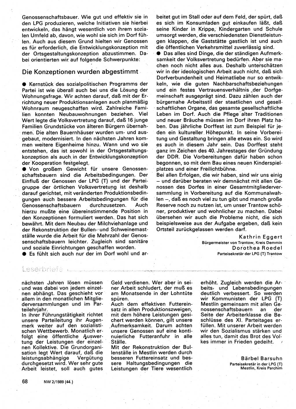 Neuer Weg (NW), Organ des Zentralkomitees (ZK) der SED (Sozialistische Einheitspartei Deutschlands) für Fragen des Parteilebens, 44. Jahrgang [Deutsche Demokratische Republik (DDR)] 1989, Seite 68 (NW ZK SED DDR 1989, S. 68)