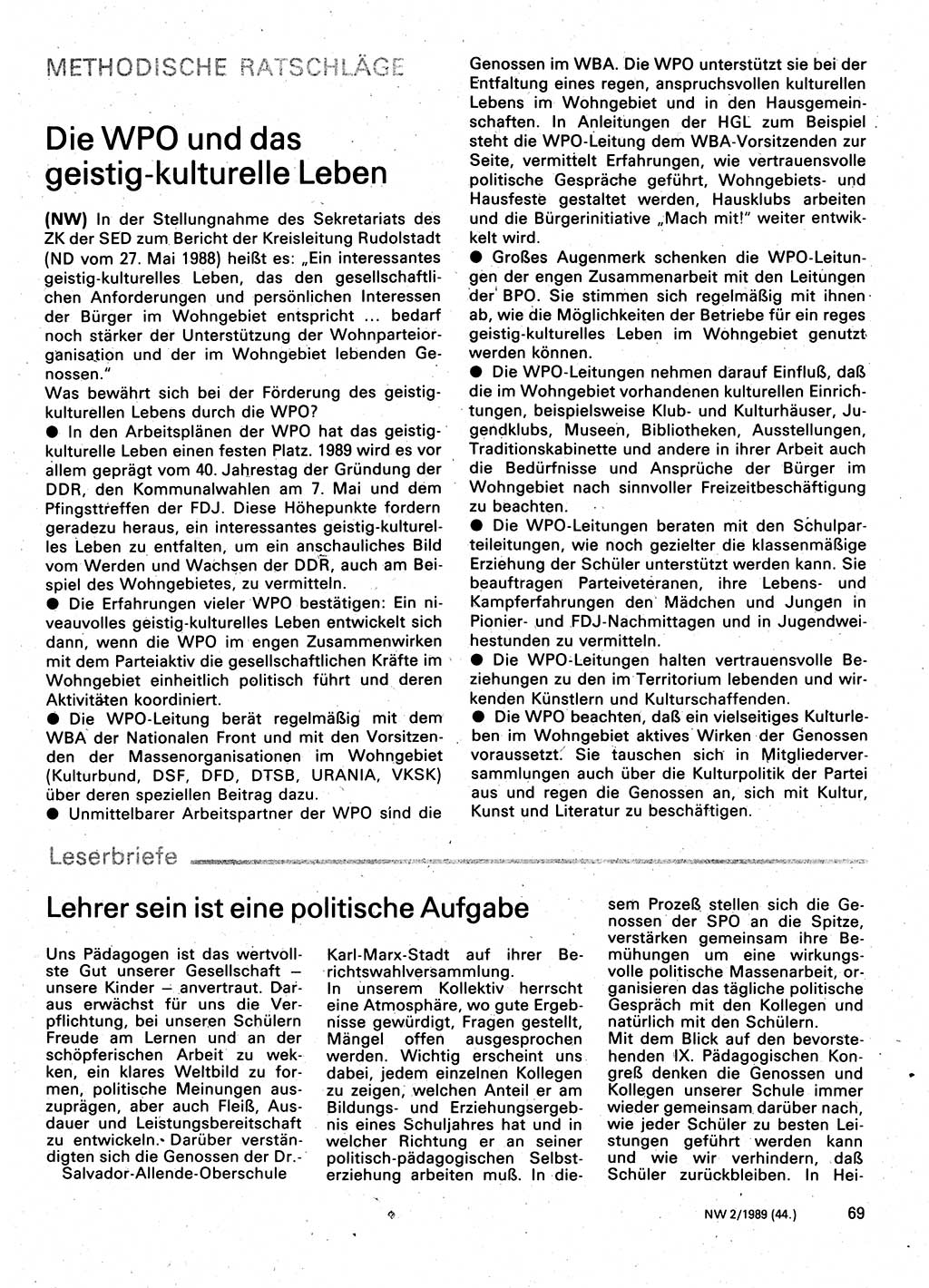 Neuer Weg (NW), Organ des Zentralkomitees (ZK) der SED (Sozialistische Einheitspartei Deutschlands) für Fragen des Parteilebens, 44. Jahrgang [Deutsche Demokratische Republik (DDR)] 1989, Seite 69 (NW ZK SED DDR 1989, S. 69)