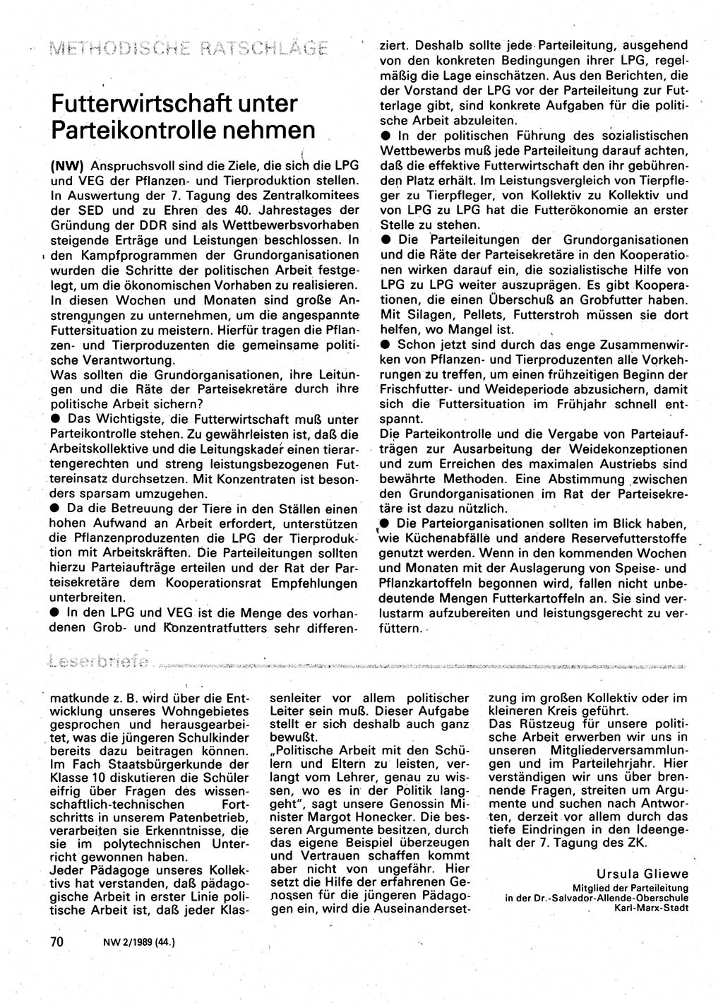 Neuer Weg (NW), Organ des Zentralkomitees (ZK) der SED (Sozialistische Einheitspartei Deutschlands) für Fragen des Parteilebens, 44. Jahrgang [Deutsche Demokratische Republik (DDR)] 1989, Seite 70 (NW ZK SED DDR 1989, S. 70)