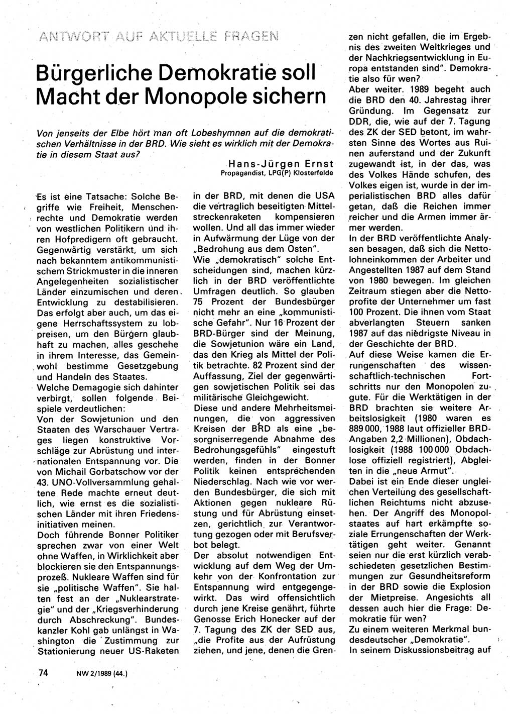 Neuer Weg (NW), Organ des Zentralkomitees (ZK) der SED (Sozialistische Einheitspartei Deutschlands) für Fragen des Parteilebens, 44. Jahrgang [Deutsche Demokratische Republik (DDR)] 1989, Seite 74 (NW ZK SED DDR 1989, S. 74)