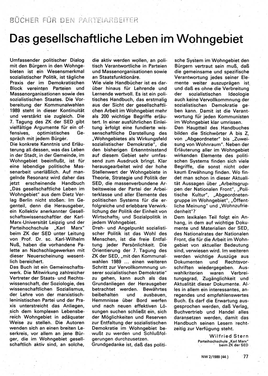 Neuer Weg (NW), Organ des Zentralkomitees (ZK) der SED (Sozialistische Einheitspartei Deutschlands) für Fragen des Parteilebens, 44. Jahrgang [Deutsche Demokratische Republik (DDR)] 1989, Seite 77 (NW ZK SED DDR 1989, S. 77)