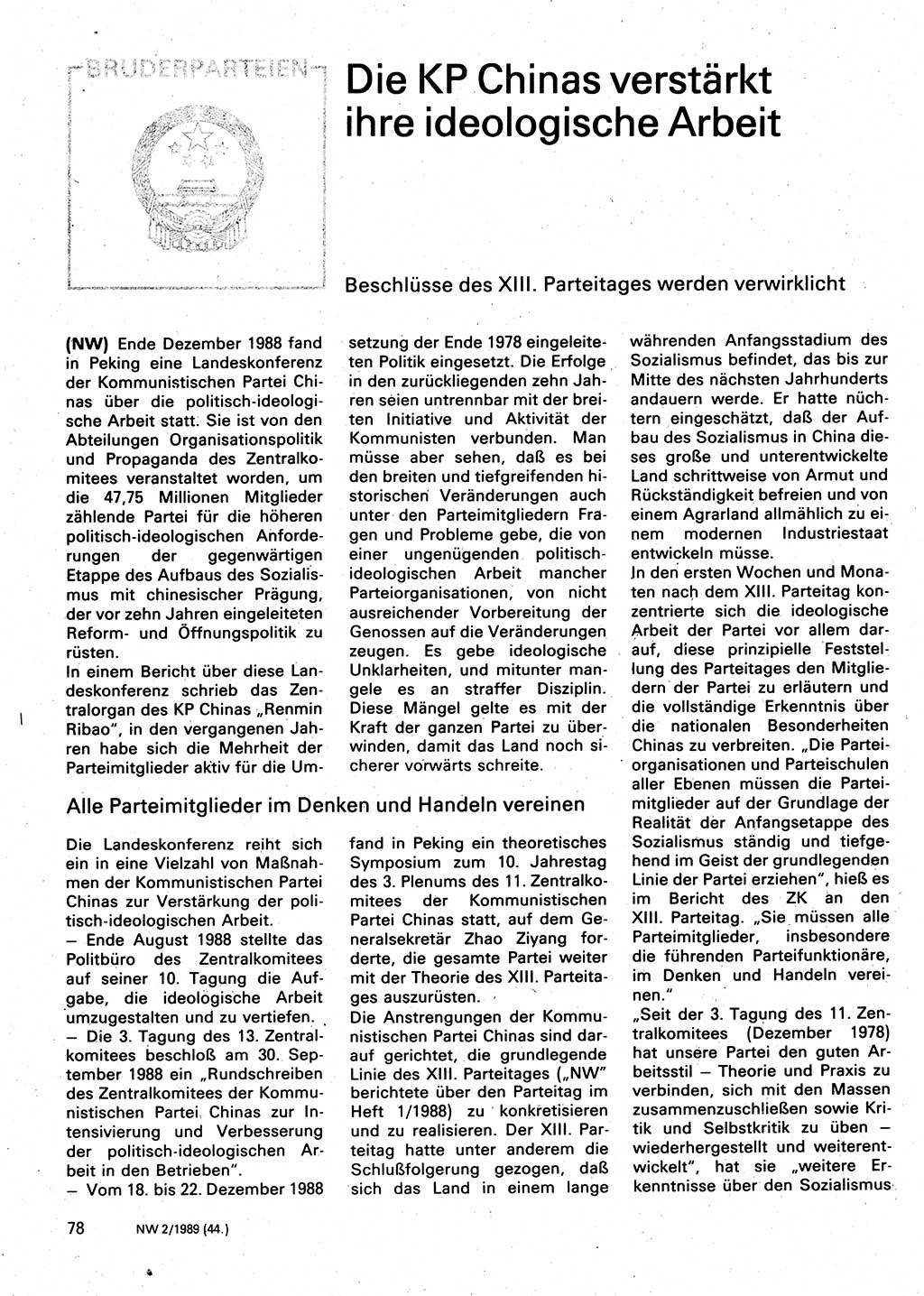 Neuer Weg (NW), Organ des Zentralkomitees (ZK) der SED (Sozialistische Einheitspartei Deutschlands) für Fragen des Parteilebens, 44. Jahrgang [Deutsche Demokratische Republik (DDR)] 1989, Seite 78 (NW ZK SED DDR 1989, S. 78)