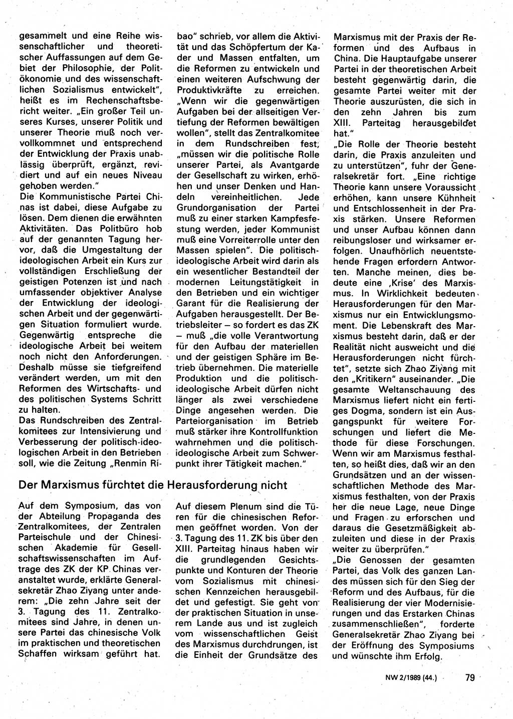 Neuer Weg (NW), Organ des Zentralkomitees (ZK) der SED (Sozialistische Einheitspartei Deutschlands) für Fragen des Parteilebens, 44. Jahrgang [Deutsche Demokratische Republik (DDR)] 1989, Seite 79 (NW ZK SED DDR 1989, S. 79)