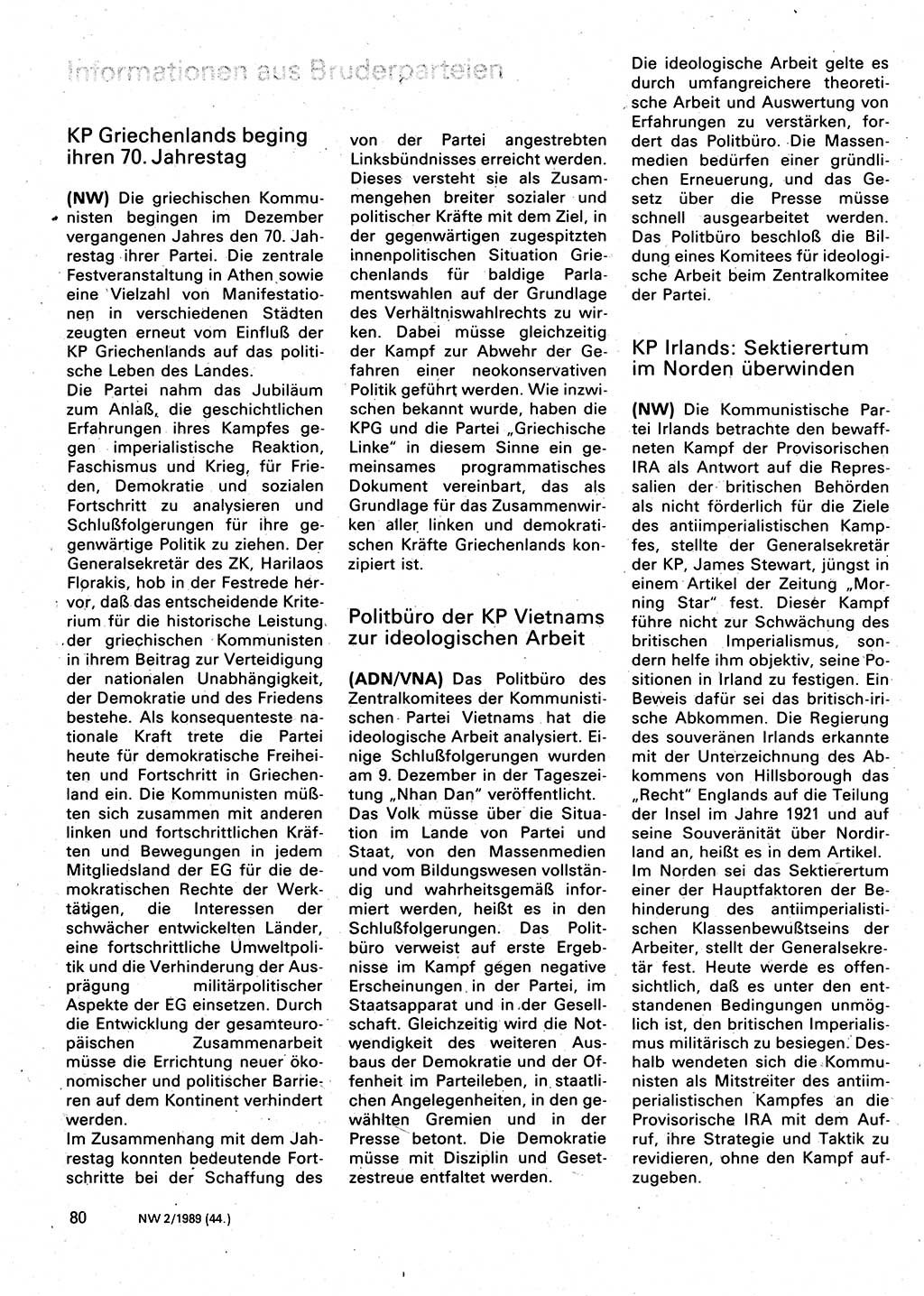 Neuer Weg (NW), Organ des Zentralkomitees (ZK) der SED (Sozialistische Einheitspartei Deutschlands) für Fragen des Parteilebens, 44. Jahrgang [Deutsche Demokratische Republik (DDR)] 1989, Seite 80 (NW ZK SED DDR 1989, S. 80)