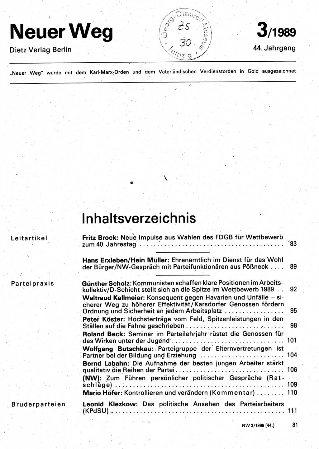 Neuer Weg (NW), Organ des Zentralkomitees (ZK) der SED (Sozialistische Einheitspartei Deutschlands) für Fragen des Parteilebens, 44. Jahrgang [Deutsche Demokratische Republik (DDR)] 1989, Seite 81 (NW ZK SED DDR 1989, S. 81)