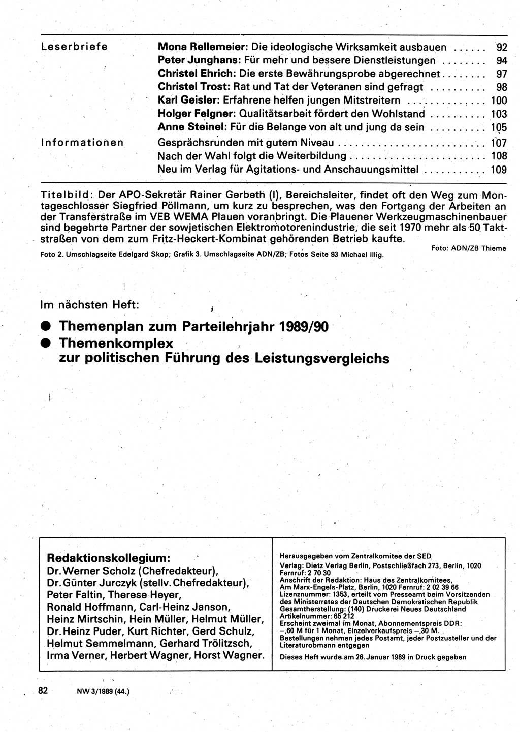 Neuer Weg (NW), Organ des Zentralkomitees (ZK) der SED (Sozialistische Einheitspartei Deutschlands) für Fragen des Parteilebens, 44. Jahrgang [Deutsche Demokratische Republik (DDR)] 1989, Seite 82 (NW ZK SED DDR 1989, S. 82)