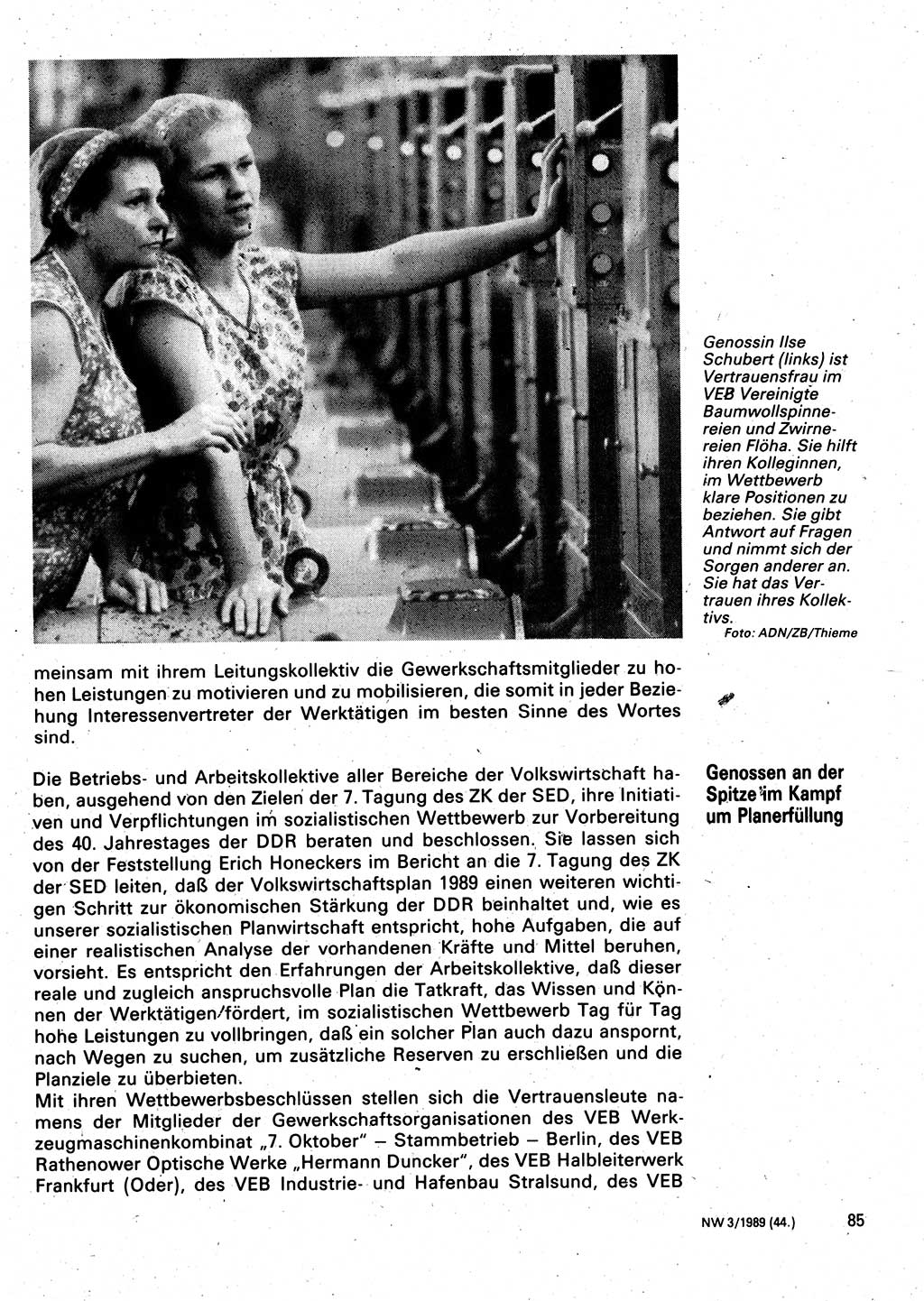 Neuer Weg (NW), Organ des Zentralkomitees (ZK) der SED (Sozialistische Einheitspartei Deutschlands) für Fragen des Parteilebens, 44. Jahrgang [Deutsche Demokratische Republik (DDR)] 1989, Seite 85 (NW ZK SED DDR 1989, S. 85)