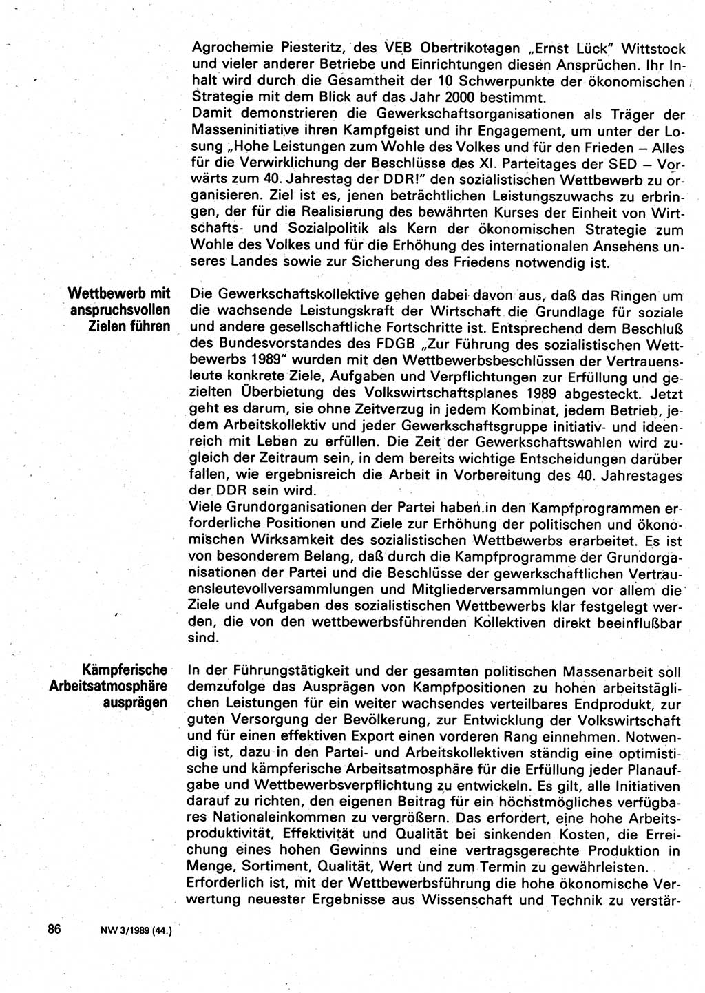 Neuer Weg (NW), Organ des Zentralkomitees (ZK) der SED (Sozialistische Einheitspartei Deutschlands) für Fragen des Parteilebens, 44. Jahrgang [Deutsche Demokratische Republik (DDR)] 1989, Seite 86 (NW ZK SED DDR 1989, S. 86)
