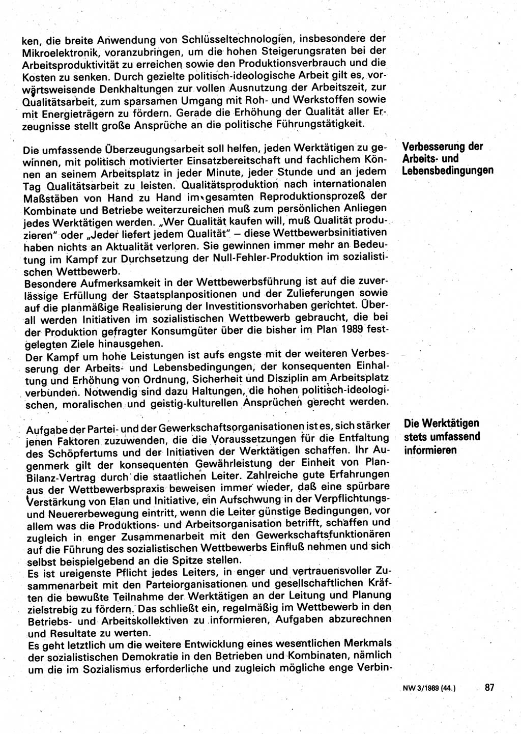 Neuer Weg (NW), Organ des Zentralkomitees (ZK) der SED (Sozialistische Einheitspartei Deutschlands) für Fragen des Parteilebens, 44. Jahrgang [Deutsche Demokratische Republik (DDR)] 1989, Seite 87 (NW ZK SED DDR 1989, S. 87)