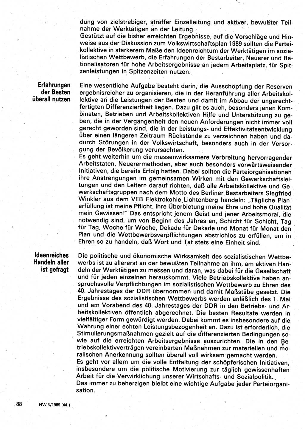 Neuer Weg (NW), Organ des Zentralkomitees (ZK) der SED (Sozialistische Einheitspartei Deutschlands) für Fragen des Parteilebens, 44. Jahrgang [Deutsche Demokratische Republik (DDR)] 1989, Seite 88 (NW ZK SED DDR 1989, S. 88)