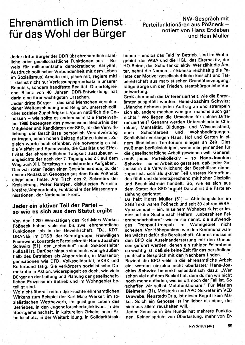 Neuer Weg (NW), Organ des Zentralkomitees (ZK) der SED (Sozialistische Einheitspartei Deutschlands) für Fragen des Parteilebens, 44. Jahrgang [Deutsche Demokratische Republik (DDR)] 1989, Seite 89 (NW ZK SED DDR 1989, S. 89)