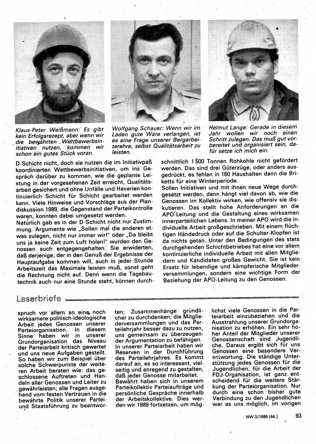 Neuer Weg (NW), Organ des Zentralkomitees (ZK) der SED (Sozialistische Einheitspartei Deutschlands) für Fragen des Parteilebens, 44. Jahrgang [Deutsche Demokratische Republik (DDR)] 1989, Seite 93 (NW ZK SED DDR 1989, S. 93)