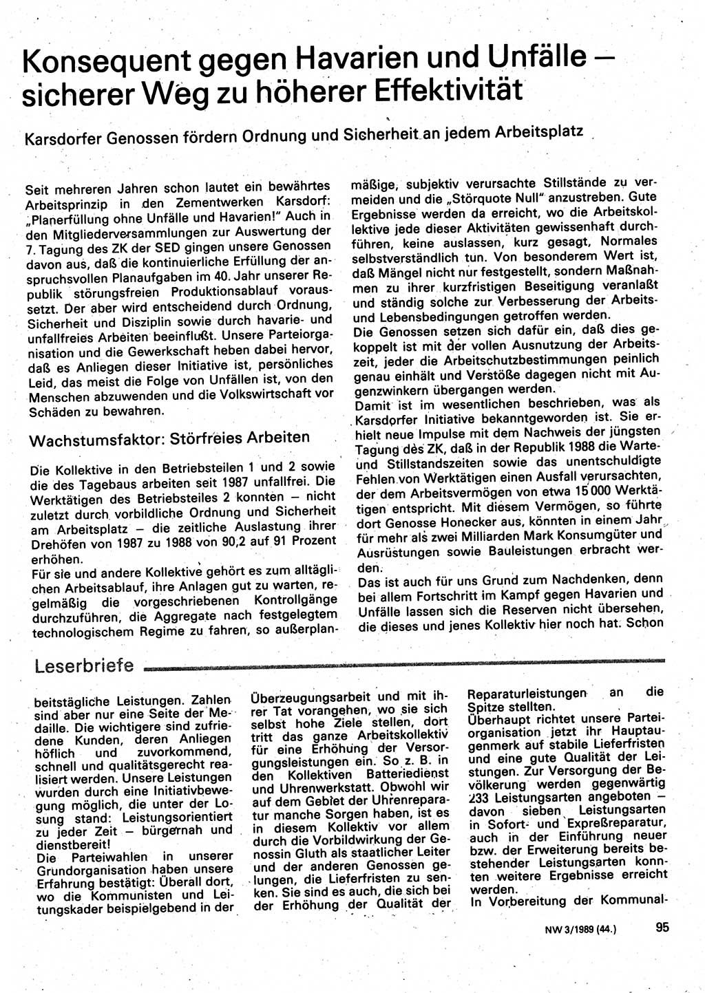 Neuer Weg (NW), Organ des Zentralkomitees (ZK) der SED (Sozialistische Einheitspartei Deutschlands) für Fragen des Parteilebens, 44. Jahrgang [Deutsche Demokratische Republik (DDR)] 1989, Seite 95 (NW ZK SED DDR 1989, S. 95)