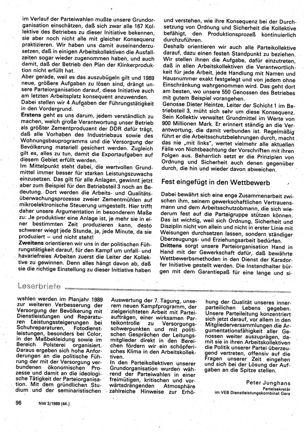 Neuer Weg (NW), Organ des Zentralkomitees (ZK) der SED (Sozialistische Einheitspartei Deutschlands) für Fragen des Parteilebens, 44. Jahrgang [Deutsche Demokratische Republik (DDR)] 1989, Seite 96 (NW ZK SED DDR 1989, S. 96)