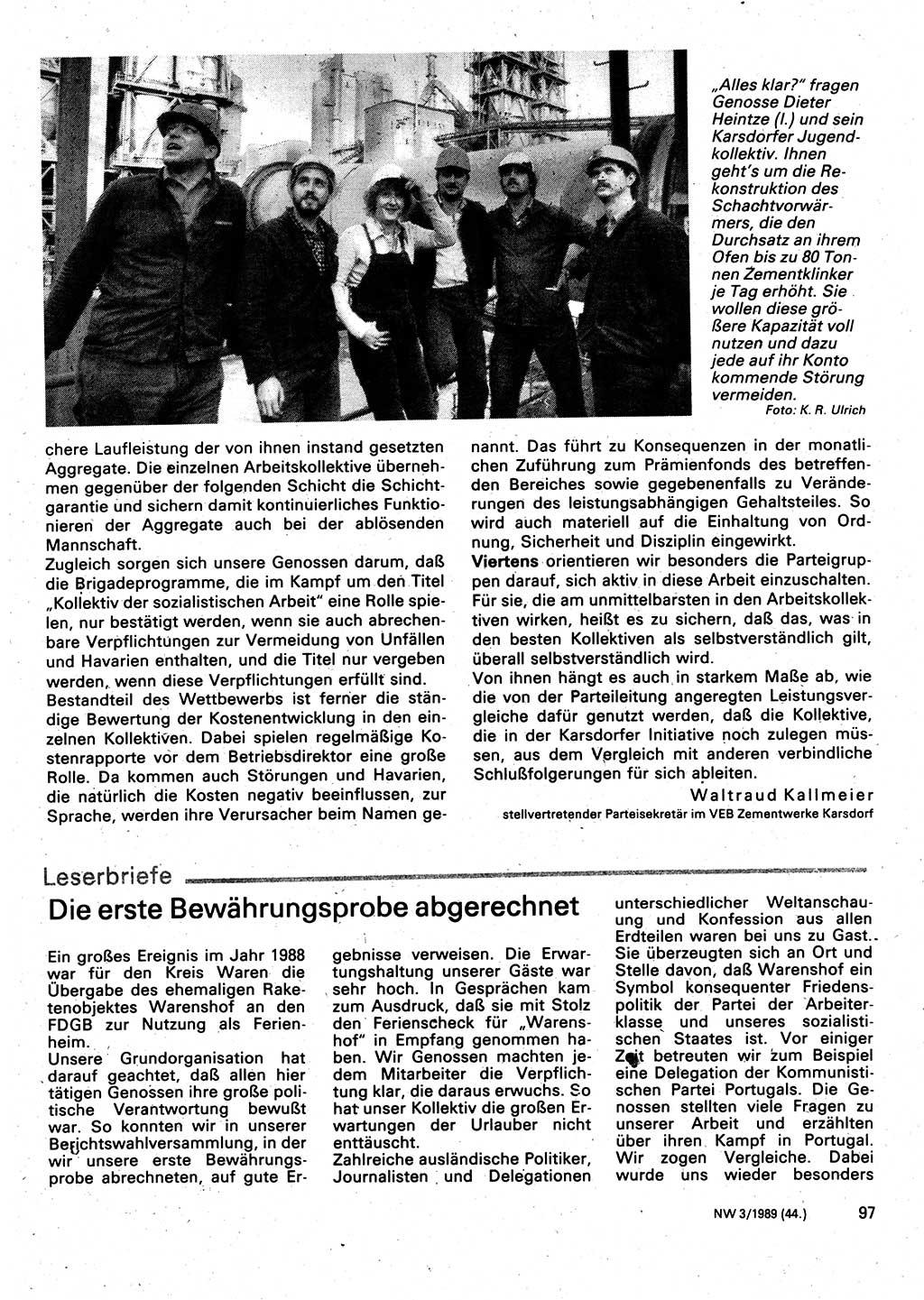 Neuer Weg (NW), Organ des Zentralkomitees (ZK) der SED (Sozialistische Einheitspartei Deutschlands) für Fragen des Parteilebens, 44. Jahrgang [Deutsche Demokratische Republik (DDR)] 1989, Seite 97 (NW ZK SED DDR 1989, S. 97)