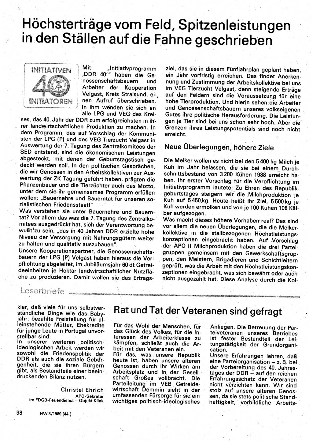 Neuer Weg (NW), Organ des Zentralkomitees (ZK) der SED (Sozialistische Einheitspartei Deutschlands) für Fragen des Parteilebens, 44. Jahrgang [Deutsche Demokratische Republik (DDR)] 1989, Seite 98 (NW ZK SED DDR 1989, S. 98)