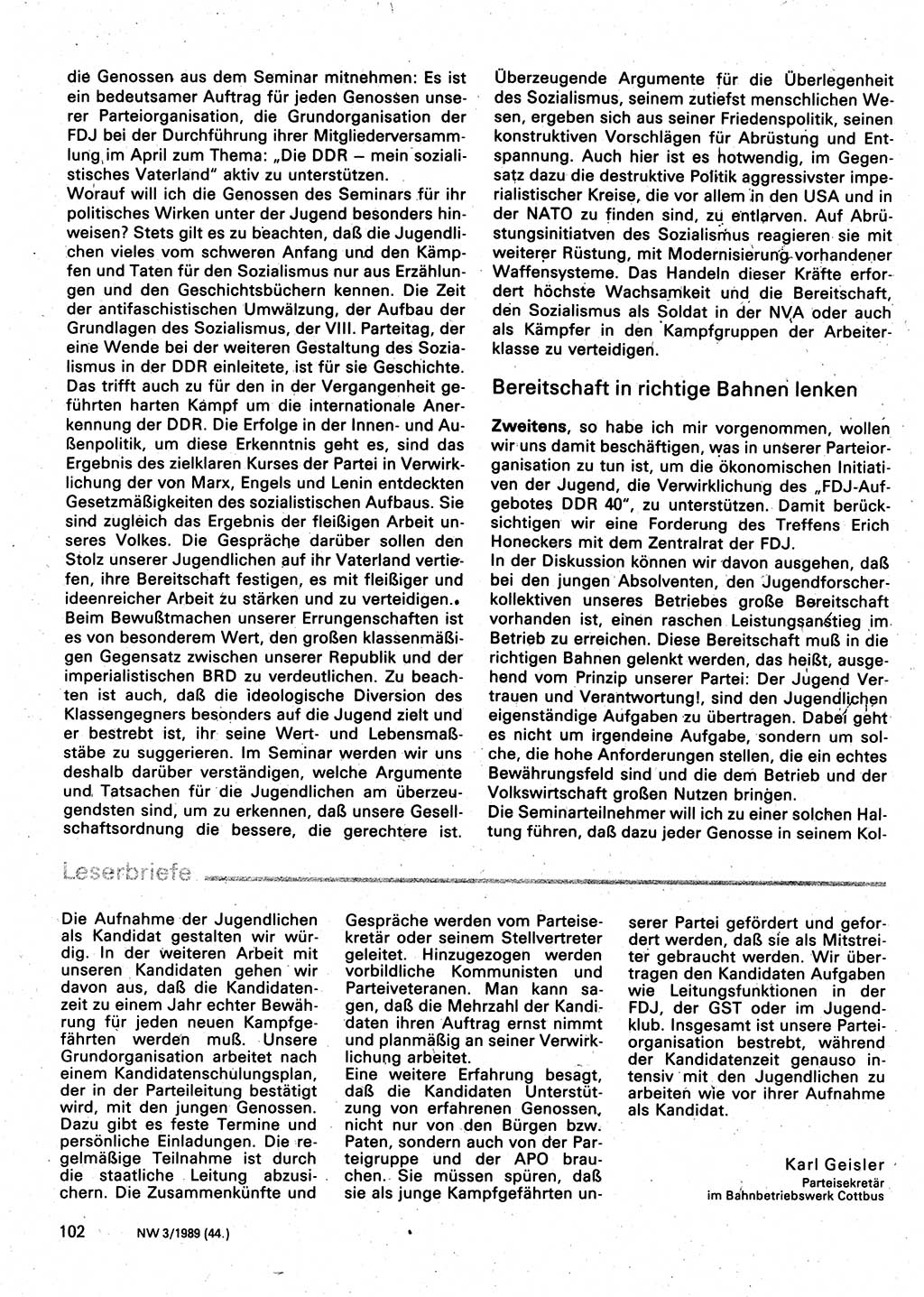 Neuer Weg (NW), Organ des Zentralkomitees (ZK) der SED (Sozialistische Einheitspartei Deutschlands) für Fragen des Parteilebens, 44. Jahrgang [Deutsche Demokratische Republik (DDR)] 1989, Seite 102 (NW ZK SED DDR 1989, S. 102)