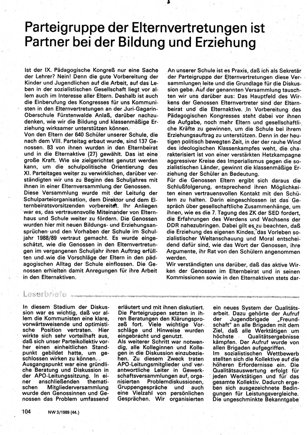 Neuer Weg (NW), Organ des Zentralkomitees (ZK) der SED (Sozialistische Einheitspartei Deutschlands) für Fragen des Parteilebens, 44. Jahrgang [Deutsche Demokratische Republik (DDR)] 1989, Seite 104 (NW ZK SED DDR 1989, S. 104)