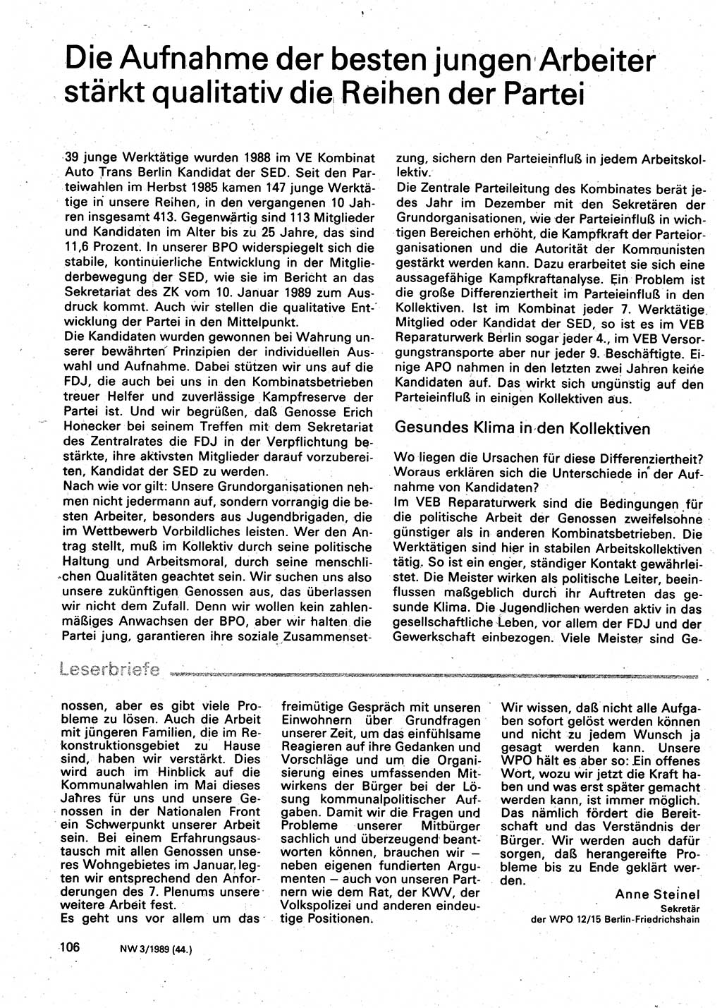 Neuer Weg (NW), Organ des Zentralkomitees (ZK) der SED (Sozialistische Einheitspartei Deutschlands) für Fragen des Parteilebens, 44. Jahrgang [Deutsche Demokratische Republik (DDR)] 1989, Seite 106 (NW ZK SED DDR 1989, S. 106)