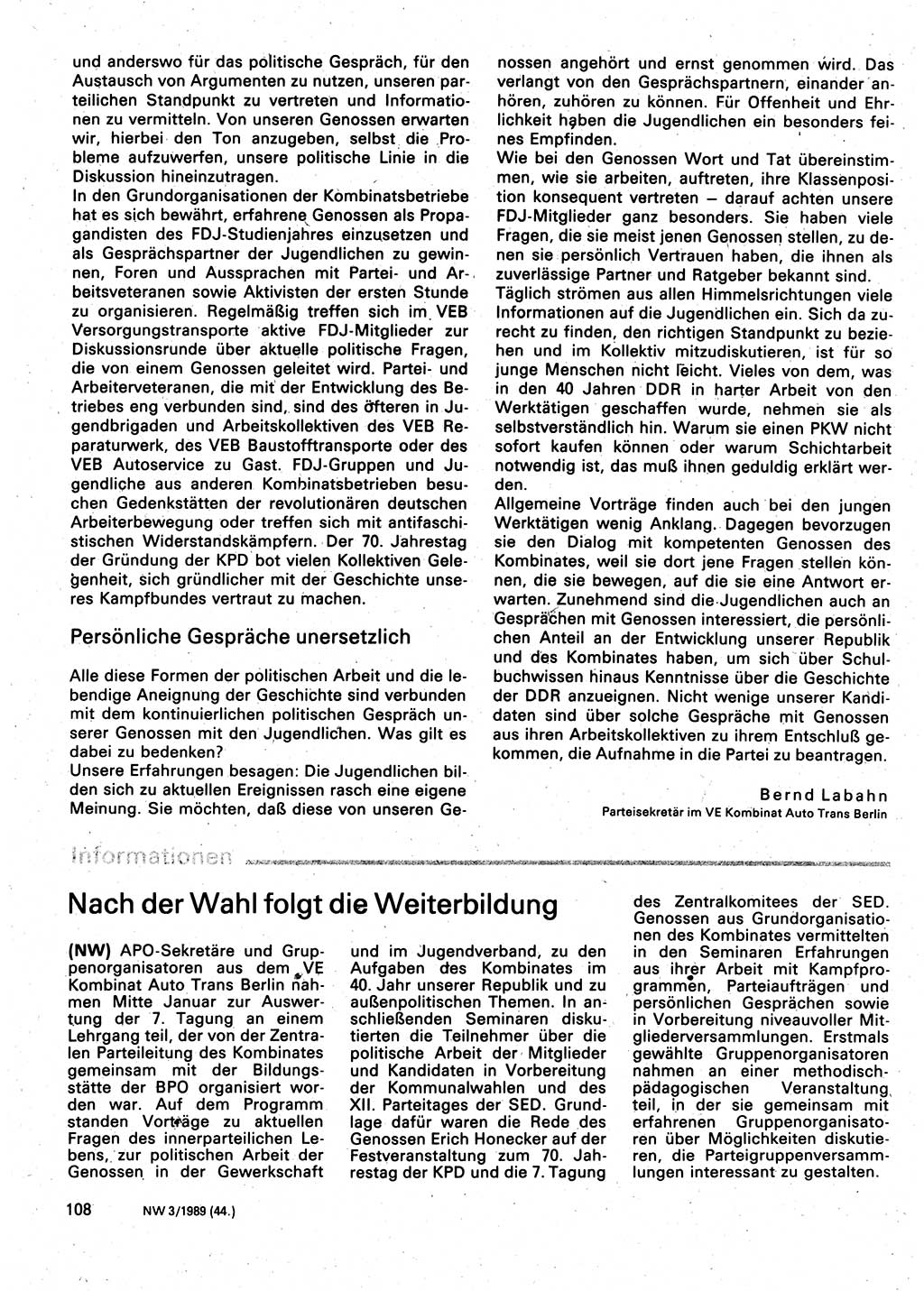 Neuer Weg (NW), Organ des Zentralkomitees (ZK) der SED (Sozialistische Einheitspartei Deutschlands) für Fragen des Parteilebens, 44. Jahrgang [Deutsche Demokratische Republik (DDR)] 1989, Seite 108 (NW ZK SED DDR 1989, S. 108)