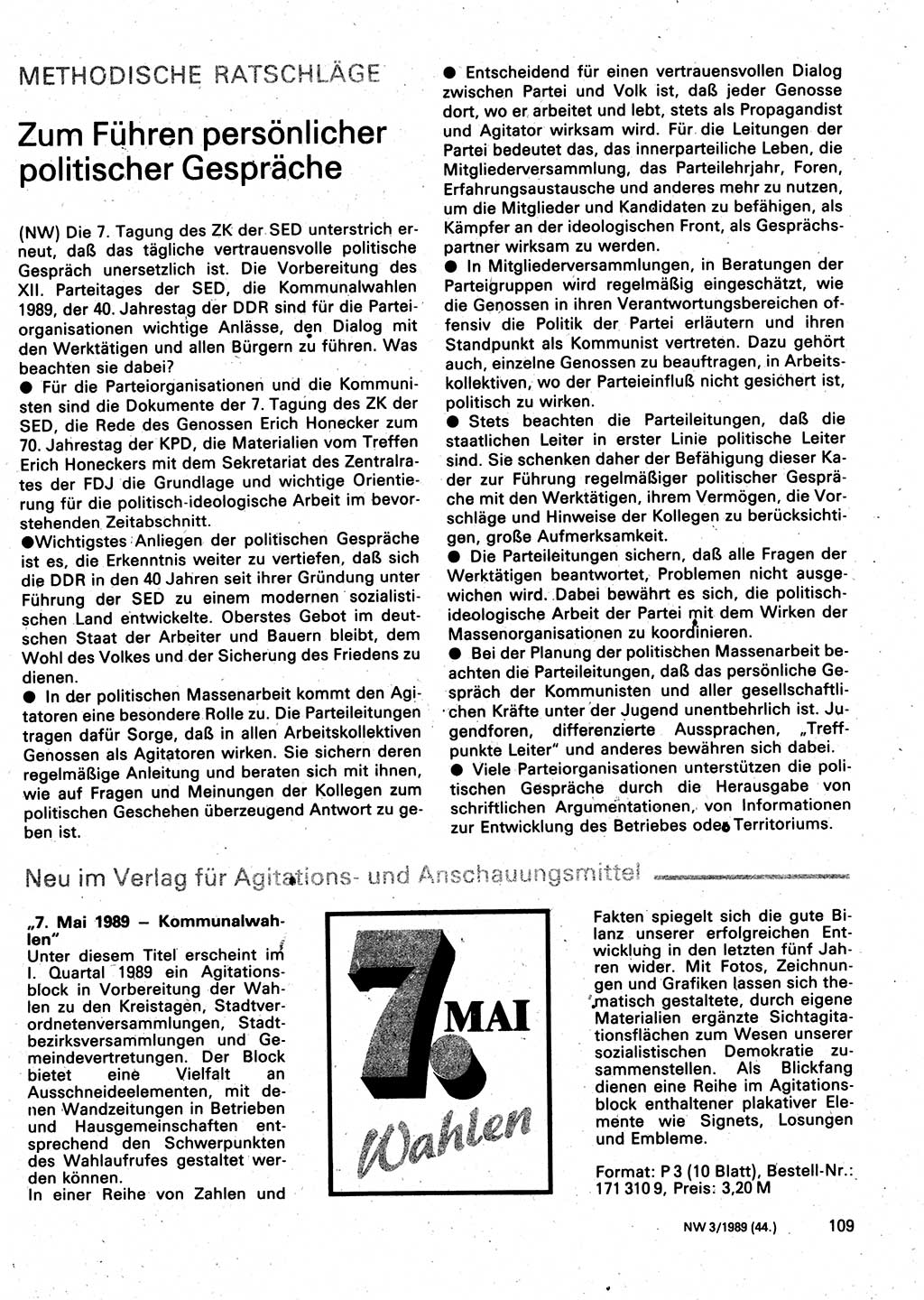 Neuer Weg (NW), Organ des Zentralkomitees (ZK) der SED (Sozialistische Einheitspartei Deutschlands) für Fragen des Parteilebens, 44. Jahrgang [Deutsche Demokratische Republik (DDR)] 1989, Seite 109 (NW ZK SED DDR 1989, S. 109)