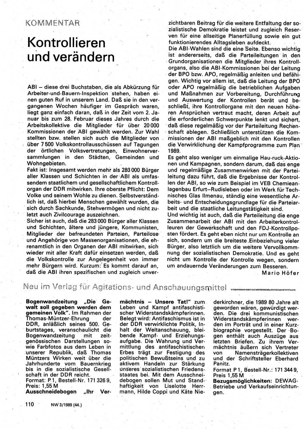 Neuer Weg (NW), Organ des Zentralkomitees (ZK) der SED (Sozialistische Einheitspartei Deutschlands) für Fragen des Parteilebens, 44. Jahrgang [Deutsche Demokratische Republik (DDR)] 1989, Seite 110 (NW ZK SED DDR 1989, S. 110)
