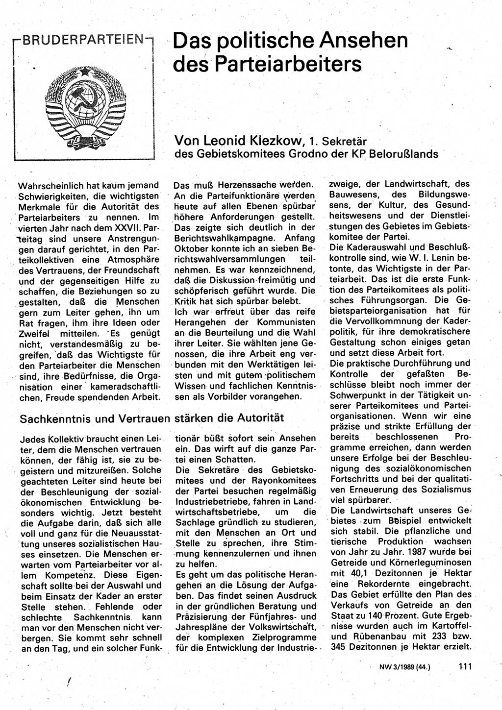 Neuer Weg (NW), Organ des Zentralkomitees (ZK) der SED (Sozialistische Einheitspartei Deutschlands) für Fragen des Parteilebens, 44. Jahrgang [Deutsche Demokratische Republik (DDR)] 1989, Seite 111 (NW ZK SED DDR 1989, S. 111)