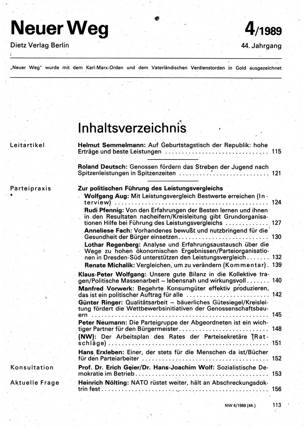 Neuer Weg (NW), Organ des Zentralkomitees (ZK) der SED (Sozialistische Einheitspartei Deutschlands) für Fragen des Parteilebens, 44. Jahrgang [Deutsche Demokratische Republik (DDR)] 1989, Seite 113 (NW ZK SED DDR 1989, S. 113)