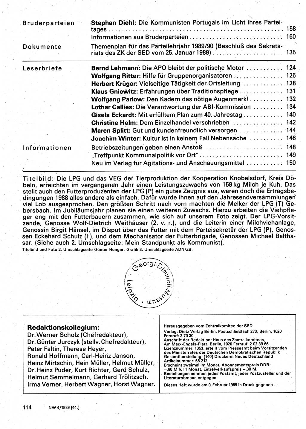 Neuer Weg (NW), Organ des Zentralkomitees (ZK) der SED (Sozialistische Einheitspartei Deutschlands) für Fragen des Parteilebens, 44. Jahrgang [Deutsche Demokratische Republik (DDR)] 1989, Seite 114 (NW ZK SED DDR 1989, S. 114)