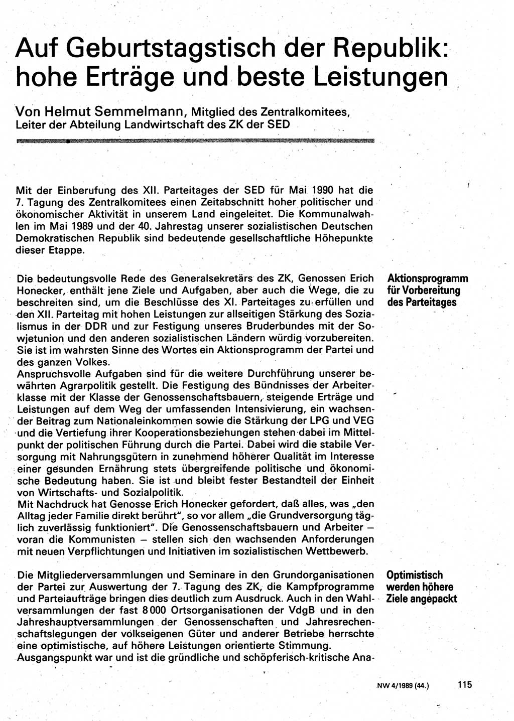 Neuer Weg (NW), Organ des Zentralkomitees (ZK) der SED (Sozialistische Einheitspartei Deutschlands) für Fragen des Parteilebens, 44. Jahrgang [Deutsche Demokratische Republik (DDR)] 1989, Seite 115 (NW ZK SED DDR 1989, S. 115)