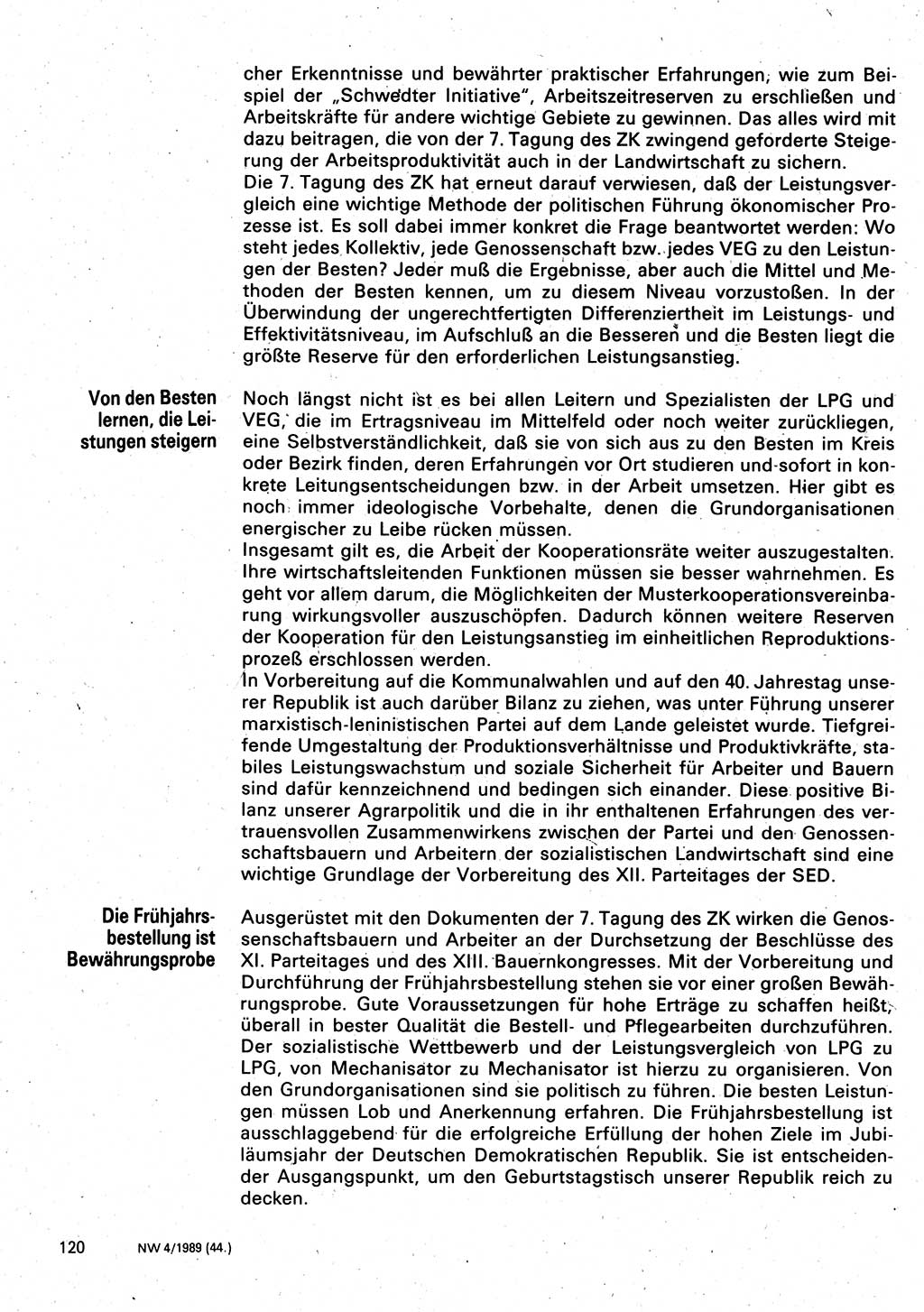 Neuer Weg (NW), Organ des Zentralkomitees (ZK) der SED (Sozialistische Einheitspartei Deutschlands) für Fragen des Parteilebens, 44. Jahrgang [Deutsche Demokratische Republik (DDR)] 1989, Seite 120 (NW ZK SED DDR 1989, S. 120)