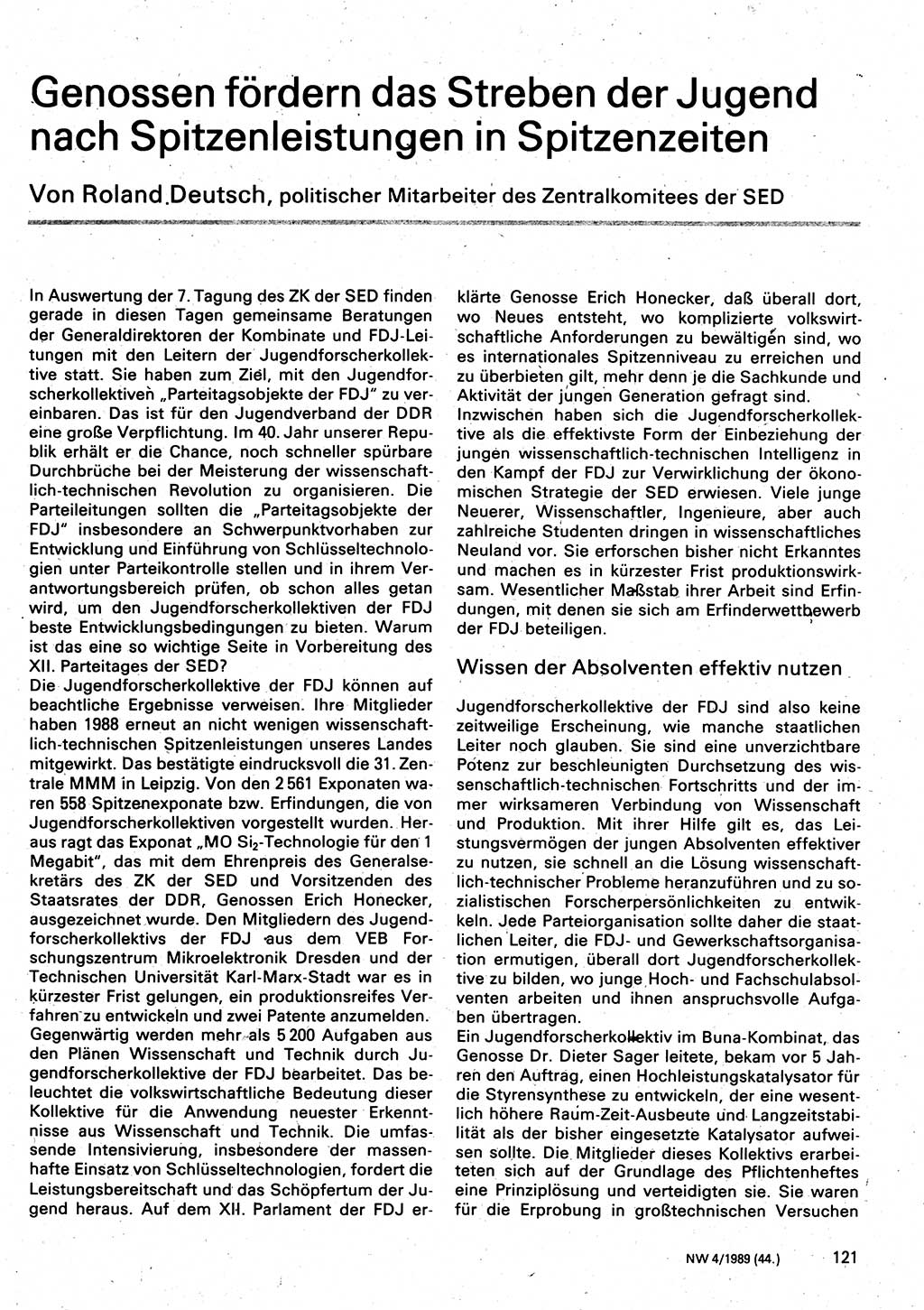 Neuer Weg (NW), Organ des Zentralkomitees (ZK) der SED (Sozialistische Einheitspartei Deutschlands) für Fragen des Parteilebens, 44. Jahrgang [Deutsche Demokratische Republik (DDR)] 1989, Seite 121 (NW ZK SED DDR 1989, S. 121)