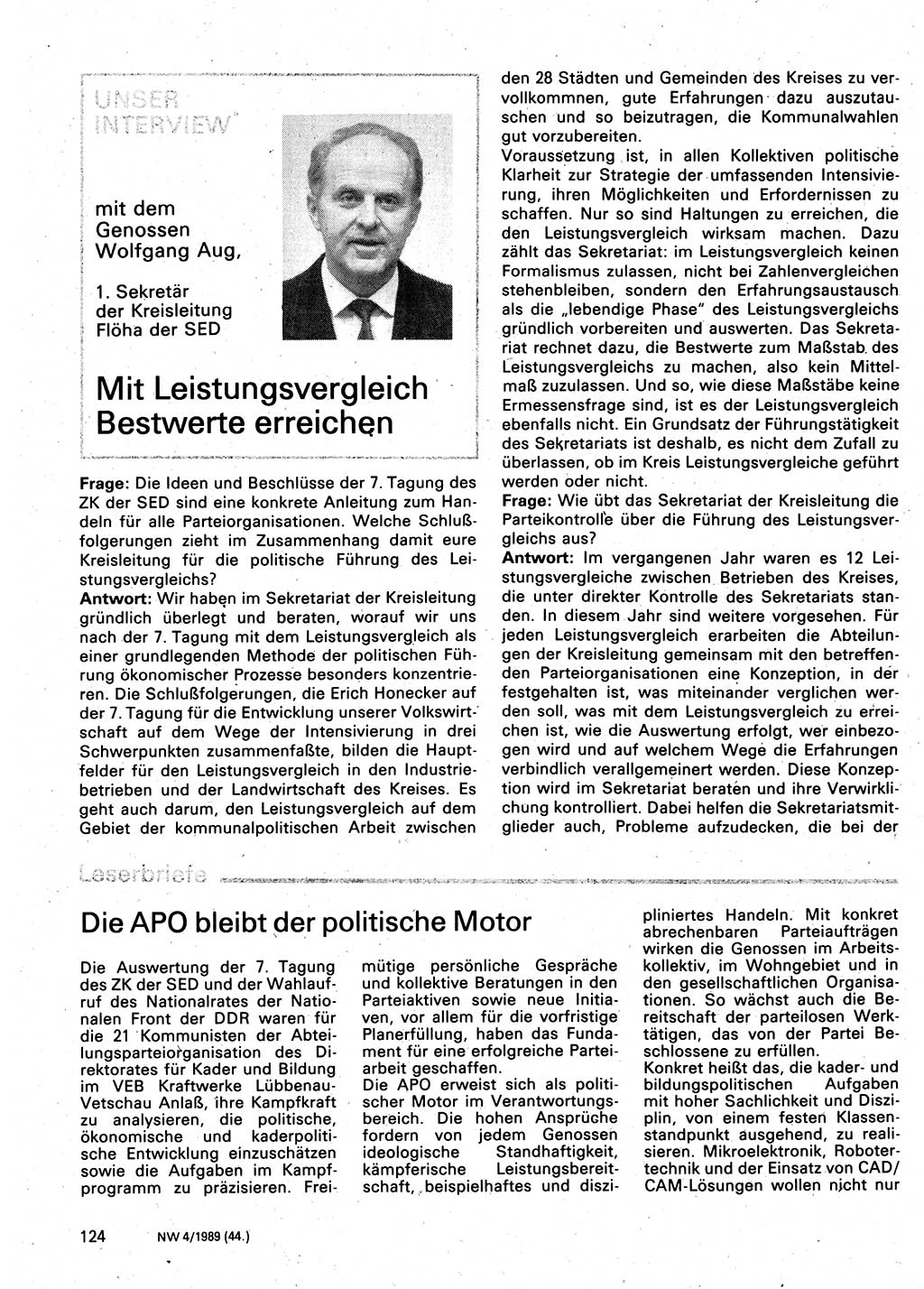 Neuer Weg (NW), Organ des Zentralkomitees (ZK) der SED (Sozialistische Einheitspartei Deutschlands) für Fragen des Parteilebens, 44. Jahrgang [Deutsche Demokratische Republik (DDR)] 1989, Seite 124 (NW ZK SED DDR 1989, S. 124)