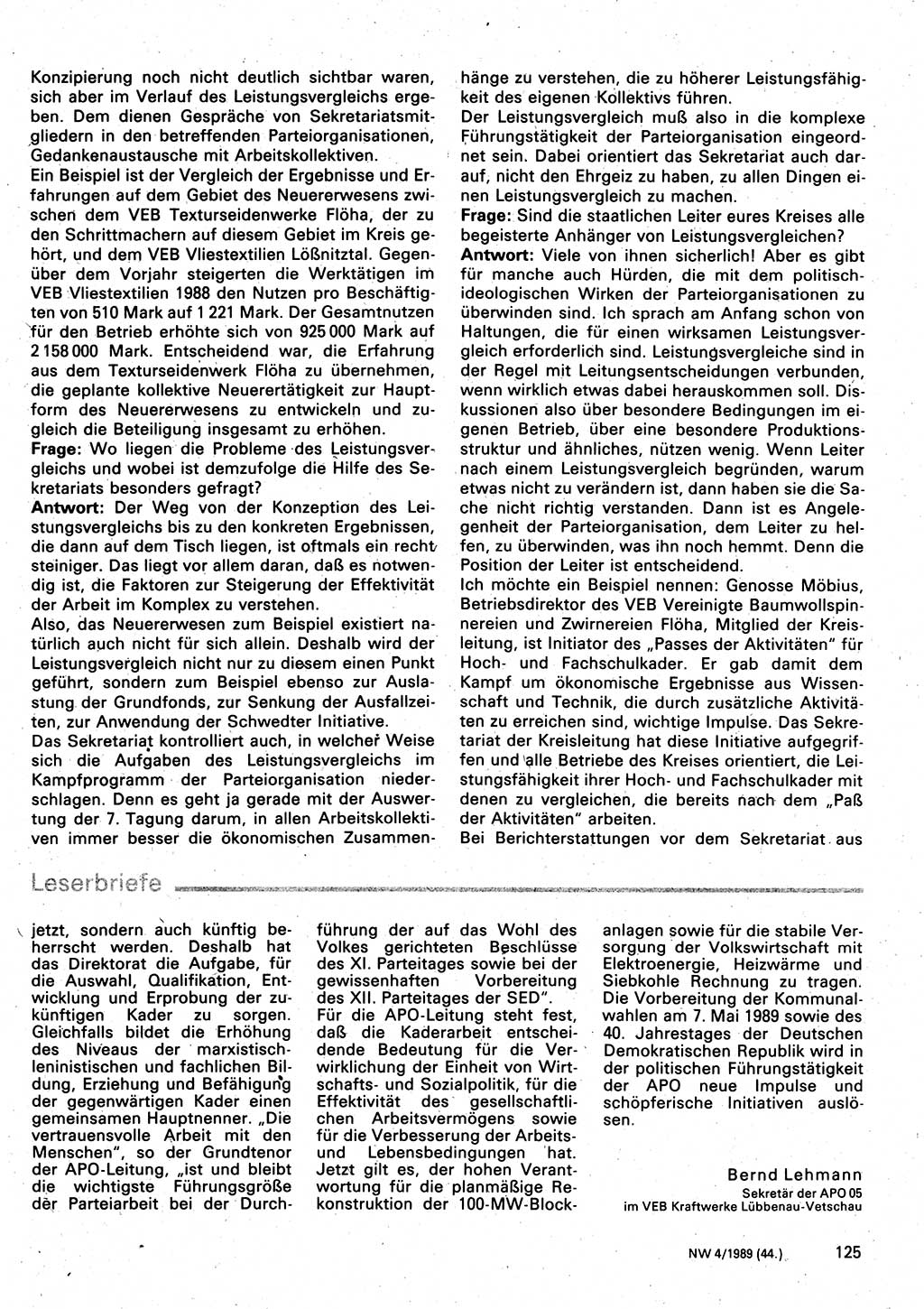 Neuer Weg (NW), Organ des Zentralkomitees (ZK) der SED (Sozialistische Einheitspartei Deutschlands) für Fragen des Parteilebens, 44. Jahrgang [Deutsche Demokratische Republik (DDR)] 1989, Seite 125 (NW ZK SED DDR 1989, S. 125)