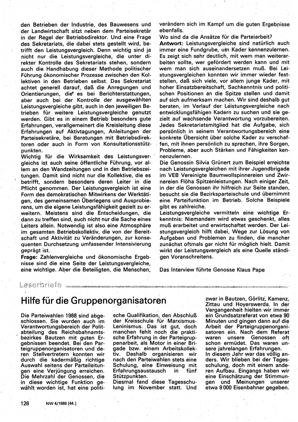 Neuer Weg (NW), Organ des Zentralkomitees (ZK) der SED (Sozialistische Einheitspartei Deutschlands) für Fragen des Parteilebens, 44. Jahrgang [Deutsche Demokratische Republik (DDR)] 1989, Seite 126 (NW ZK SED DDR 1989, S. 126)