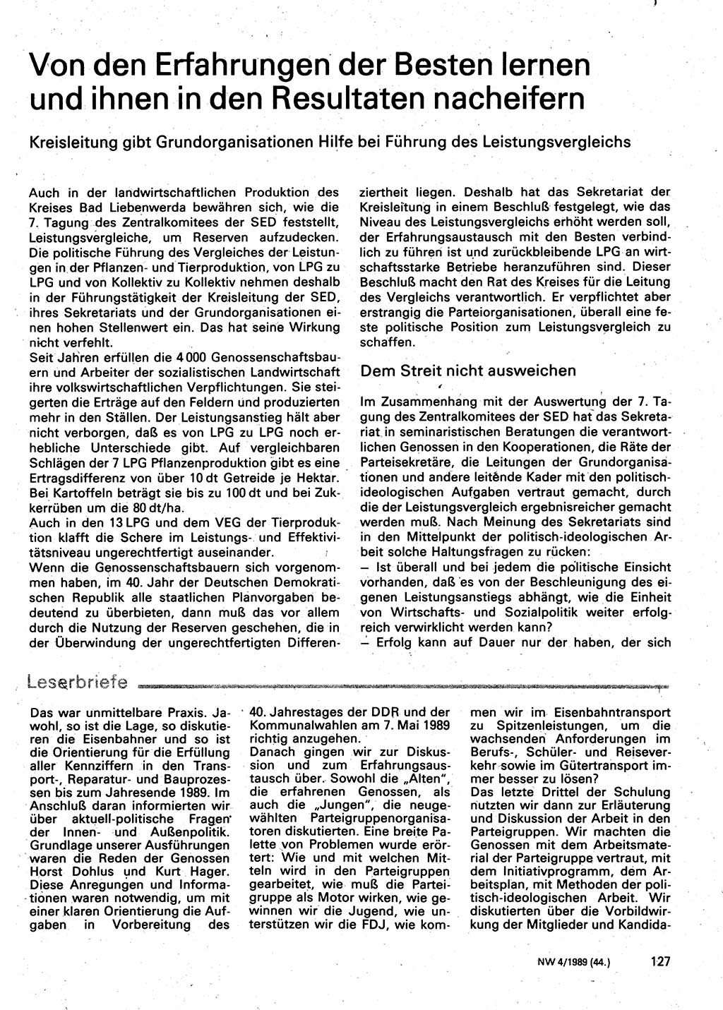 Neuer Weg (NW), Organ des Zentralkomitees (ZK) der SED (Sozialistische Einheitspartei Deutschlands) für Fragen des Parteilebens, 44. Jahrgang [Deutsche Demokratische Republik (DDR)] 1989, Seite 127 (NW ZK SED DDR 1989, S. 127)