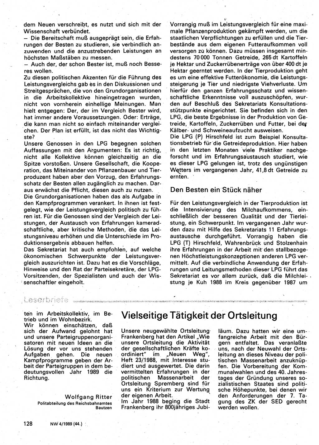 Neuer Weg (NW), Organ des Zentralkomitees (ZK) der SED (Sozialistische Einheitspartei Deutschlands) für Fragen des Parteilebens, 44. Jahrgang [Deutsche Demokratische Republik (DDR)] 1989, Seite 128 (NW ZK SED DDR 1989, S. 128)