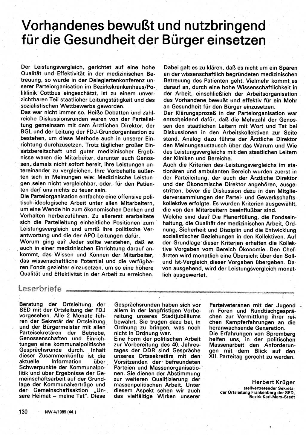 Neuer Weg (NW), Organ des Zentralkomitees (ZK) der SED (Sozialistische Einheitspartei Deutschlands) für Fragen des Parteilebens, 44. Jahrgang [Deutsche Demokratische Republik (DDR)] 1989, Seite 130 (NW ZK SED DDR 1989, S. 130)