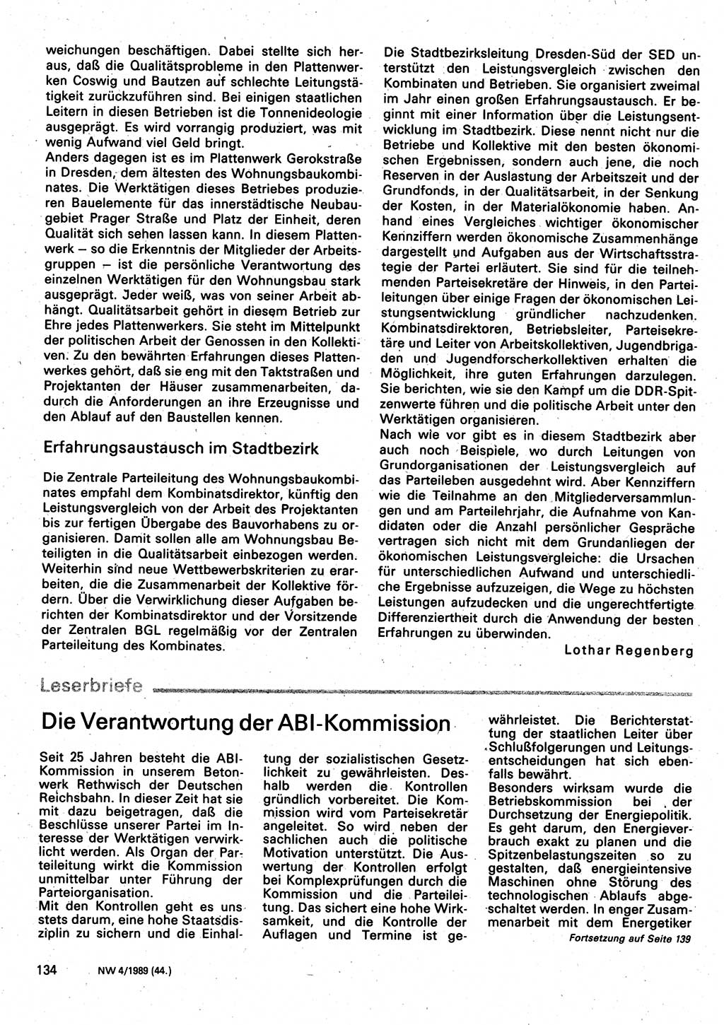 Neuer Weg (NW), Organ des Zentralkomitees (ZK) der SED (Sozialistische Einheitspartei Deutschlands) für Fragen des Parteilebens, 44. Jahrgang [Deutsche Demokratische Republik (DDR)] 1989, Seite 134 (NW ZK SED DDR 1989, S. 134)