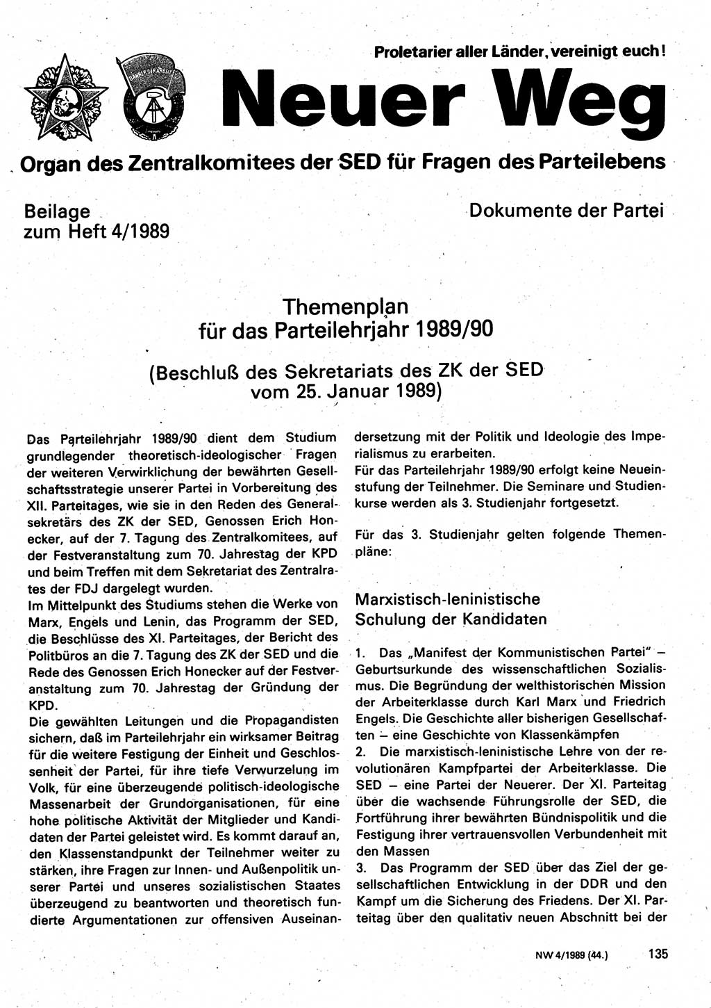 Neuer Weg (NW), Organ des Zentralkomitees (ZK) der SED (Sozialistische Einheitspartei Deutschlands) für Fragen des Parteilebens, 44. Jahrgang [Deutsche Demokratische Republik (DDR)] 1989, Seite 135 (NW ZK SED DDR 1989, S. 135)