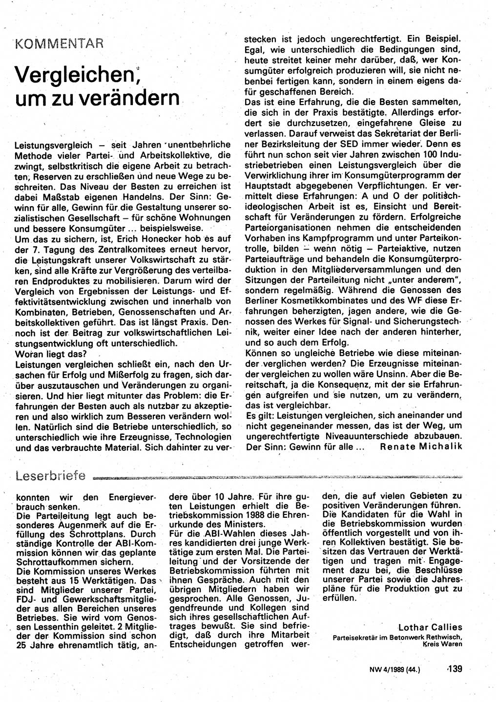 Neuer Weg (NW), Organ des Zentralkomitees (ZK) der SED (Sozialistische Einheitspartei Deutschlands) für Fragen des Parteilebens, 44. Jahrgang [Deutsche Demokratische Republik (DDR)] 1989, Seite 139 (NW ZK SED DDR 1989, S. 139)