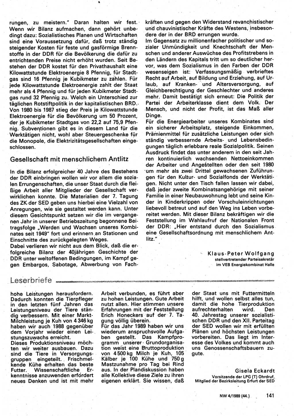 Neuer Weg (NW), Organ des Zentralkomitees (ZK) der SED (Sozialistische Einheitspartei Deutschlands) für Fragen des Parteilebens, 44. Jahrgang [Deutsche Demokratische Republik (DDR)] 1989, Seite 141 (NW ZK SED DDR 1989, S. 141)