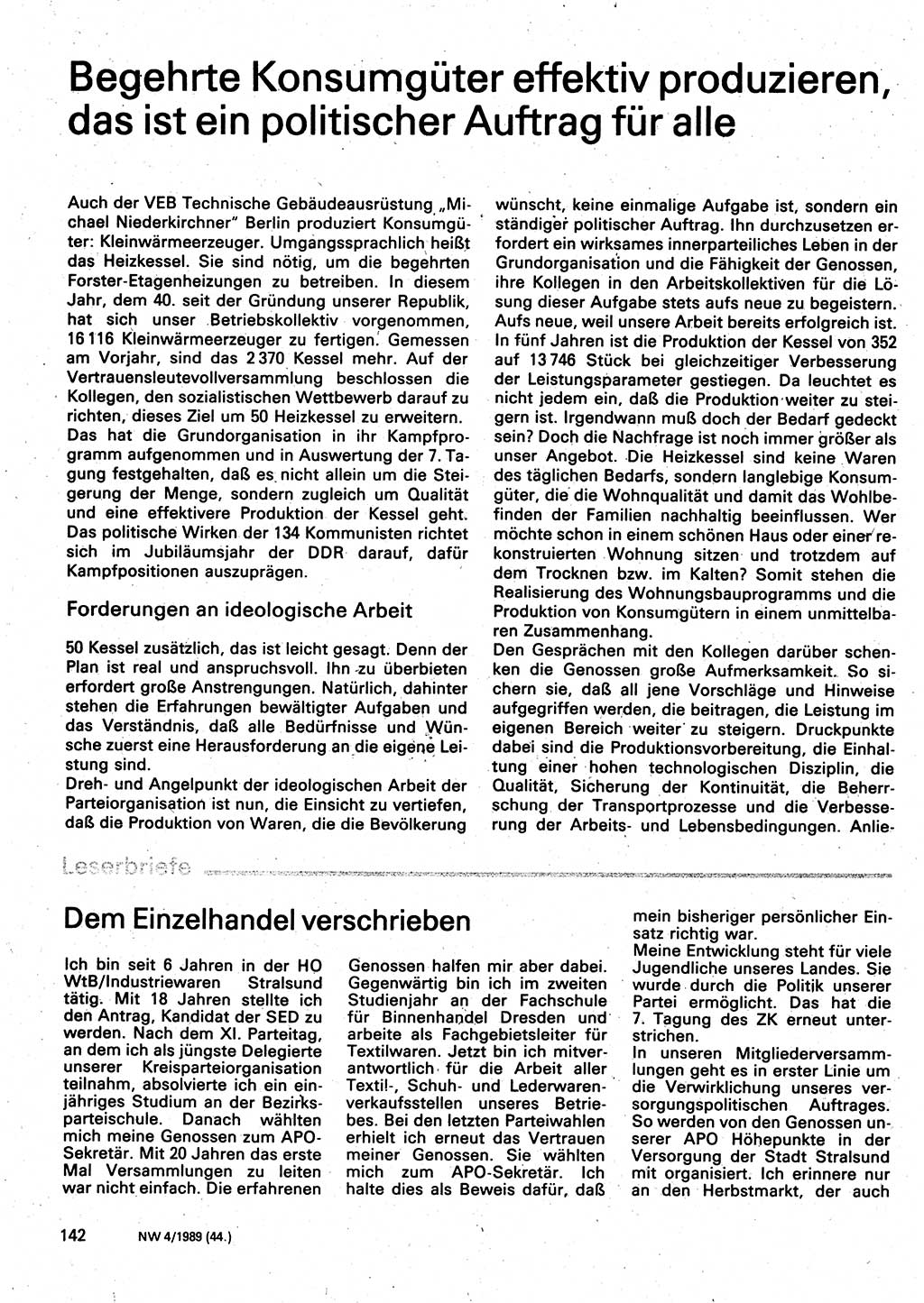 Neuer Weg (NW), Organ des Zentralkomitees (ZK) der SED (Sozialistische Einheitspartei Deutschlands) für Fragen des Parteilebens, 44. Jahrgang [Deutsche Demokratische Republik (DDR)] 1989, Seite 142 (NW ZK SED DDR 1989, S. 142)